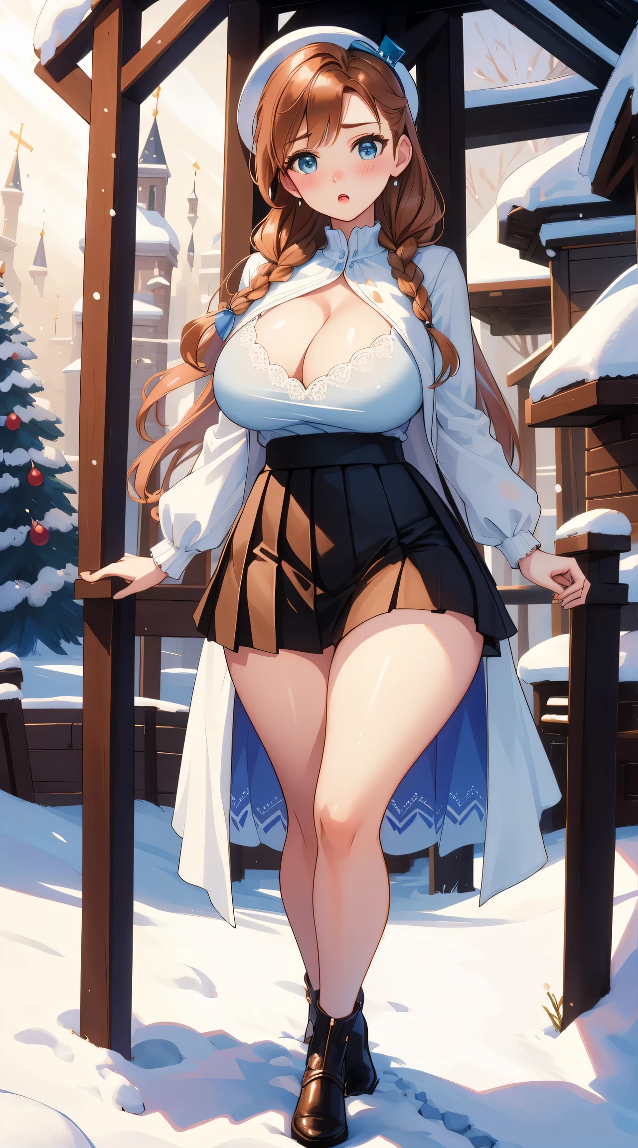 woman, ((Masterpiece, best quality)), full body view, sexy, bursting huge breasts, detailed skin, Anna from Frozen clothes, highly detailed, cinematic lighting, ultra realistic, blush, looking at viewer,  anna, anna from frozen, princess, disney, brown hair, long hair, portrait, outdoor, snow,  cleavage,  large breasts,  wide hips, full body view, tall, 
skirt, miniskirt, microskirt, pleated skirt, thighs,