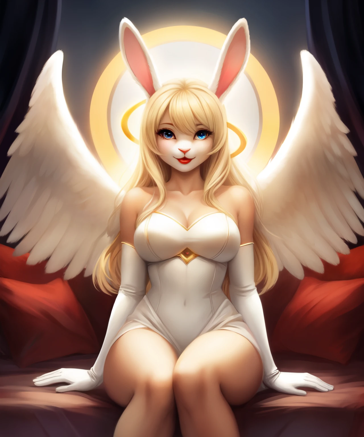 Female anthro blonde rabbit as an angel, halo, white soft wings, red lipstick, white and gold long gloves, rabbit ears, looking at you