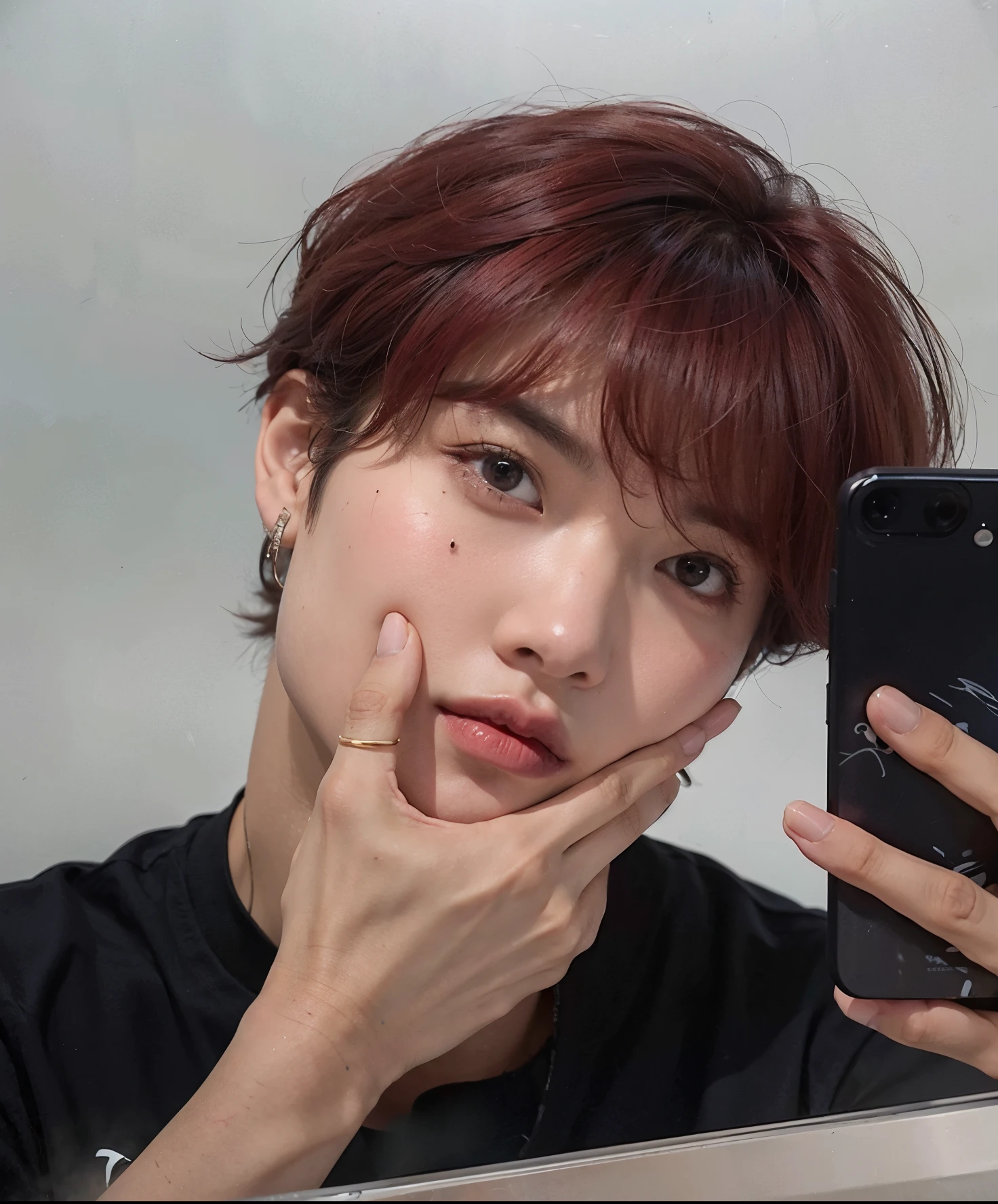 homem arafed com cabelo ruivo olhando para o celular, Jimin do bts, messy red hair, Park Jimin aesthetic, Park Jimin adorable face Korean face, Jimin, 1 7 - ano - menino rosto magro, com o mesmo penteado, Jimin face