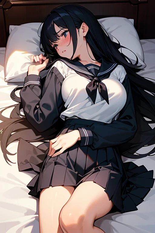 girl lays on a bed, 1girl, solo, breasts, ,black hair, long hair ,((lying on back)),black long-sleeved sailor uniform, black pleated skirt, (messy clothes: 1.0), (Background: on bedroom bed),(large breasts),blush,(embarrassed),upset, parted lips, sweat,(Diagonal angle), pretty girl, looking away, sunset,best quality,detailed,high resolution,