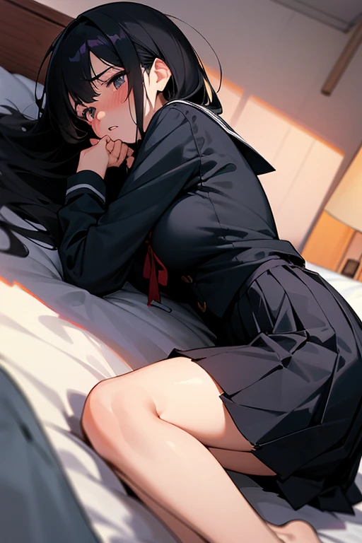 girl lays on a bed, 1girl, solo, , ,black hair, long hair ,((lying on back)),black long-sleeved sailor uniform, black pleated skirt, (messy clothes: 1.0), (Background: on bedroom bed),(large breasts,(embarrassed),upset, parted lips, sweat,(Diagonal angle), pretty girl, looking away, sunset,best quality,detailed,high resolution,