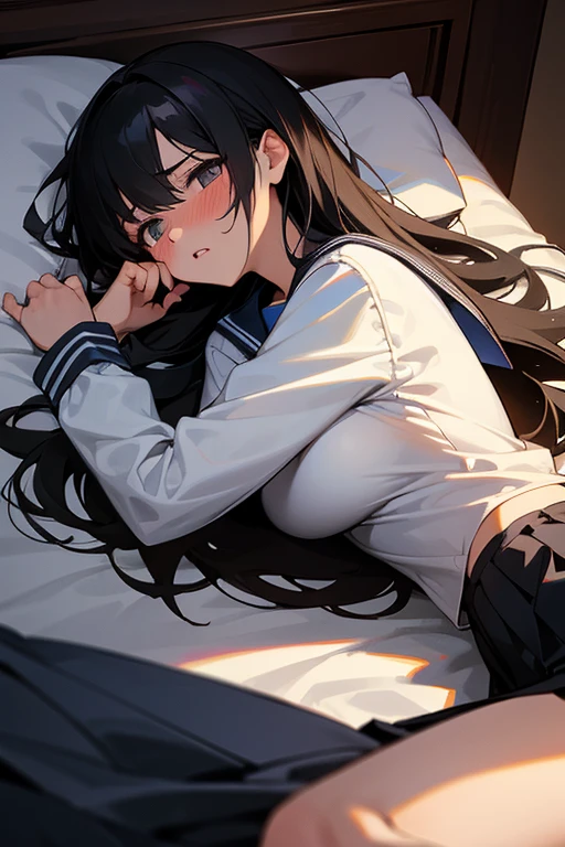 girl lays on a bed, 1girl, solo, breasts, ,black hair, long hair ,((lying on back)),black long-sleeved sailor uniform, black pleated skirt, (messy clothes: 1.0), (Background: on bedroom bed),(large breasts),blush,(embarrassed),upset, parted lips, sweat,(Diagonal angle), pretty girl, sunset, best quality,detailed,high resolution,