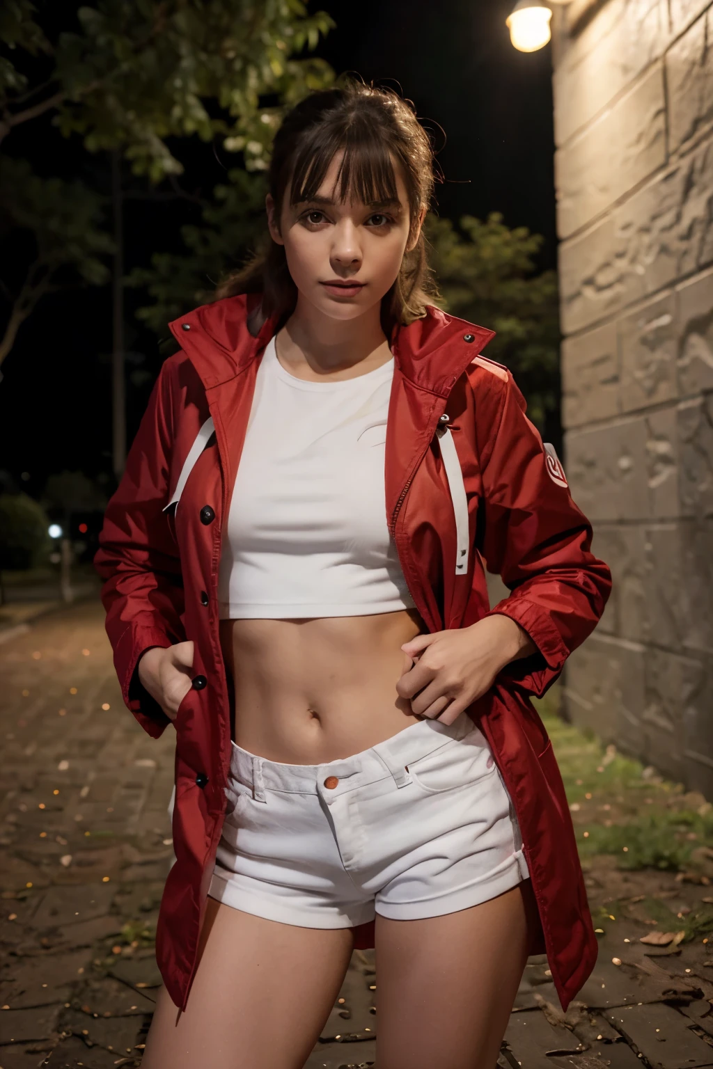 A short 4 fit heightened girl standing in red party jacket and white shorts in park night view