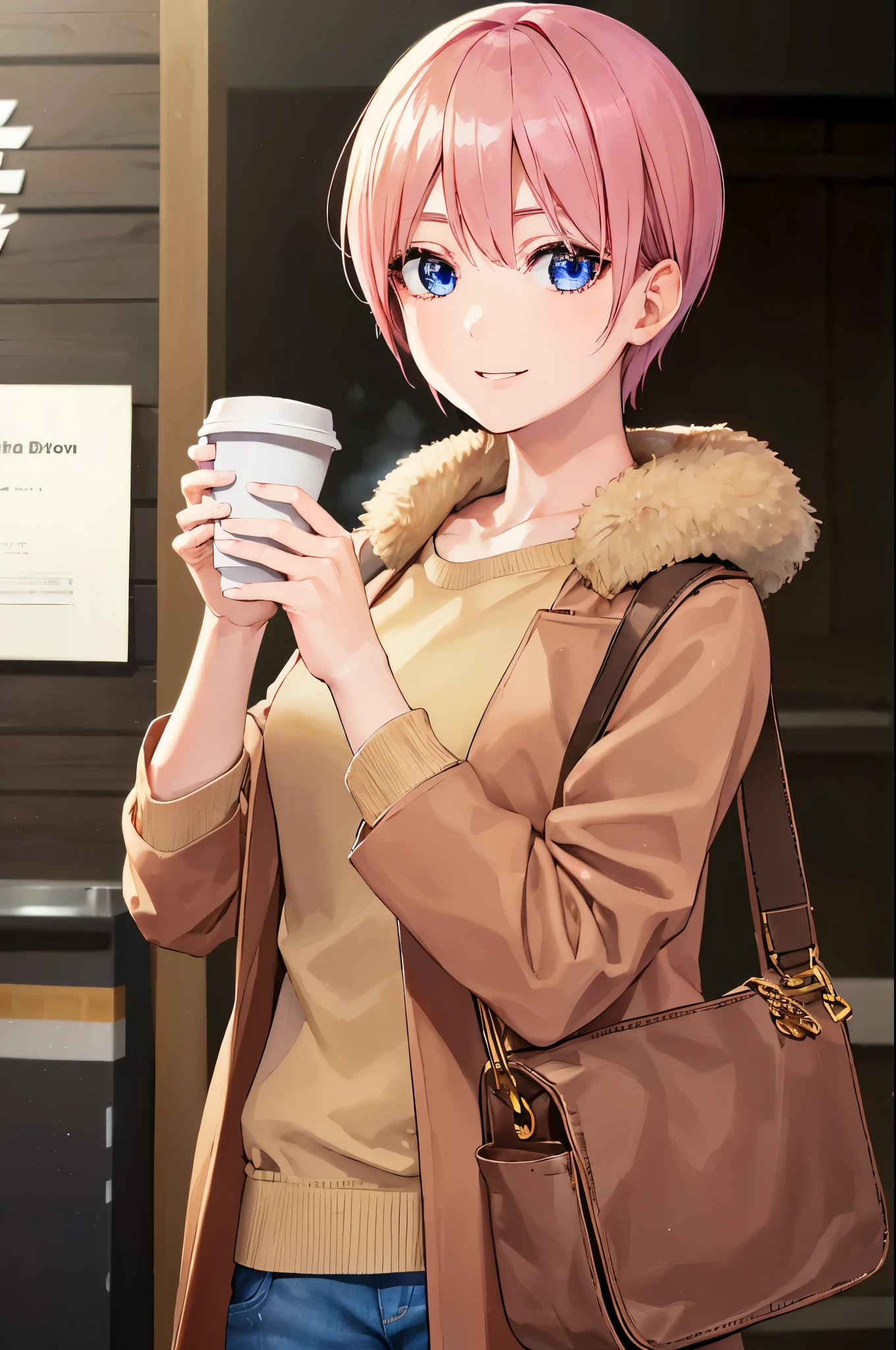 ichikanakano, ichika nakano, Short hair, Bangs, Blue eyes, hair between eye, Pink hair, (Brown sweater:1.3), (Denim skirt:1.3), (Brown fur coat:1.3), (Black Shoulder Bag:1.3), Best Quality, hight resolution, Unity 8k壁纸, (Beautiful detailed eyes:1.4), extra detailed face, Perfect Lighting, (Perfect hands, Perfect Anatomy), Portrait, The best smile, have a cup of coffee