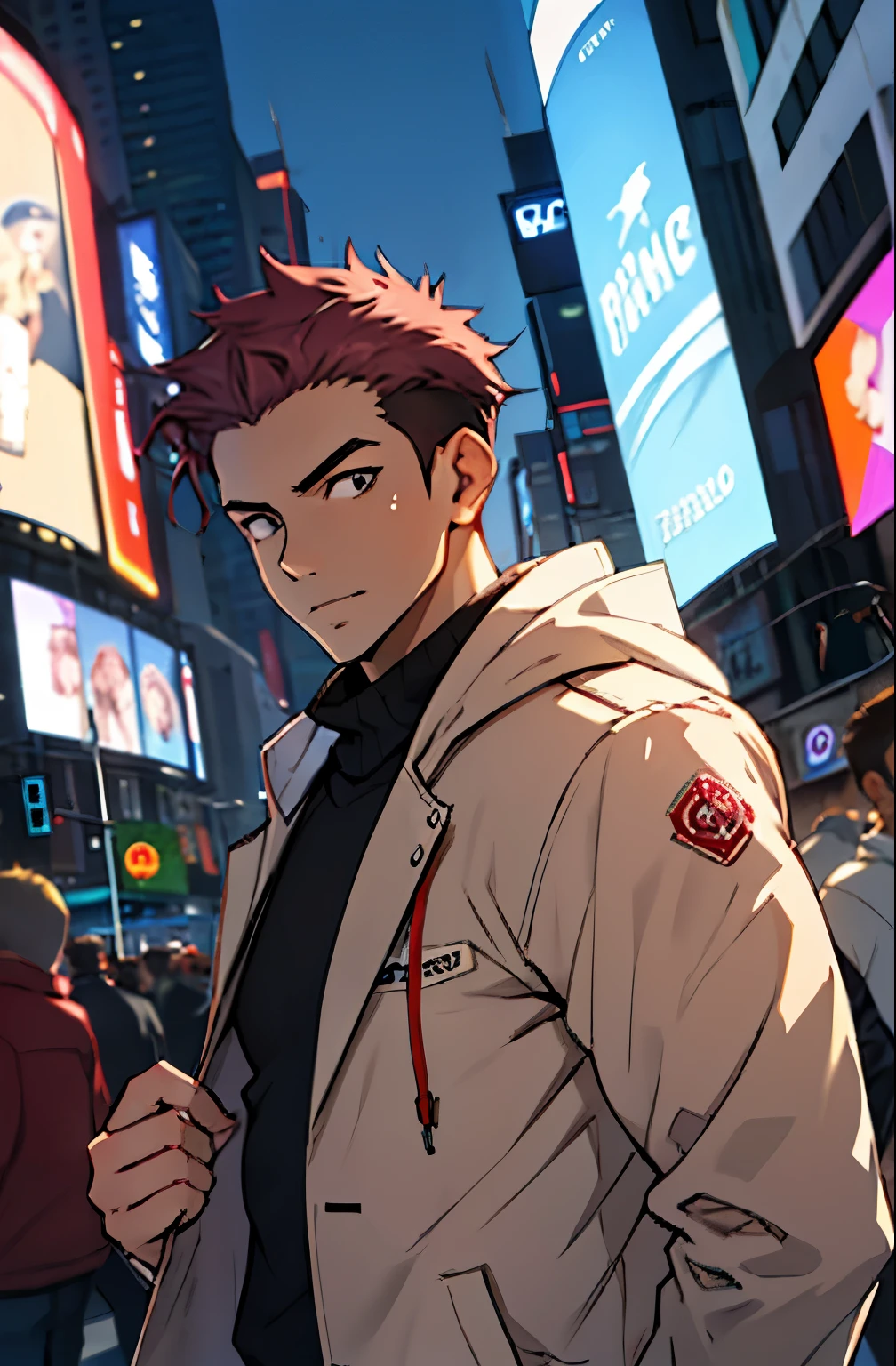 A mais alta qualidade, 8K, image high resolution, Detailed strokes, no meio de uma avenida movimentada estilo Times Square, inverno, apoiado em um dos postes, adolecente, Dark Pink Hair , wearing a cold jacket , slightly unbuttoned jacket showing a bit of his chest, masculo, chest a little tight in the shirt , (angulo de baixo), (perto da camernas definidas, defined arms, abdomen definido, com a camisa,
