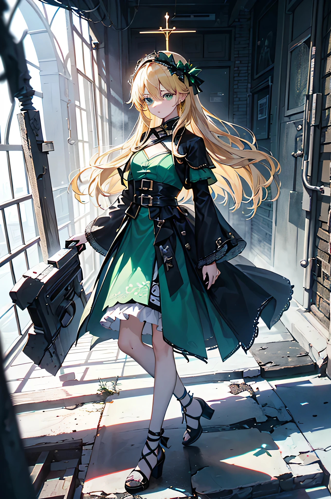 ((((Dramatic)))、(((grittiness)))、(((vehement))),Dressed in costume、He had a determined look on his face..。Bright green eyes,Blonde hair,holy costume,((1 girl)),holy,