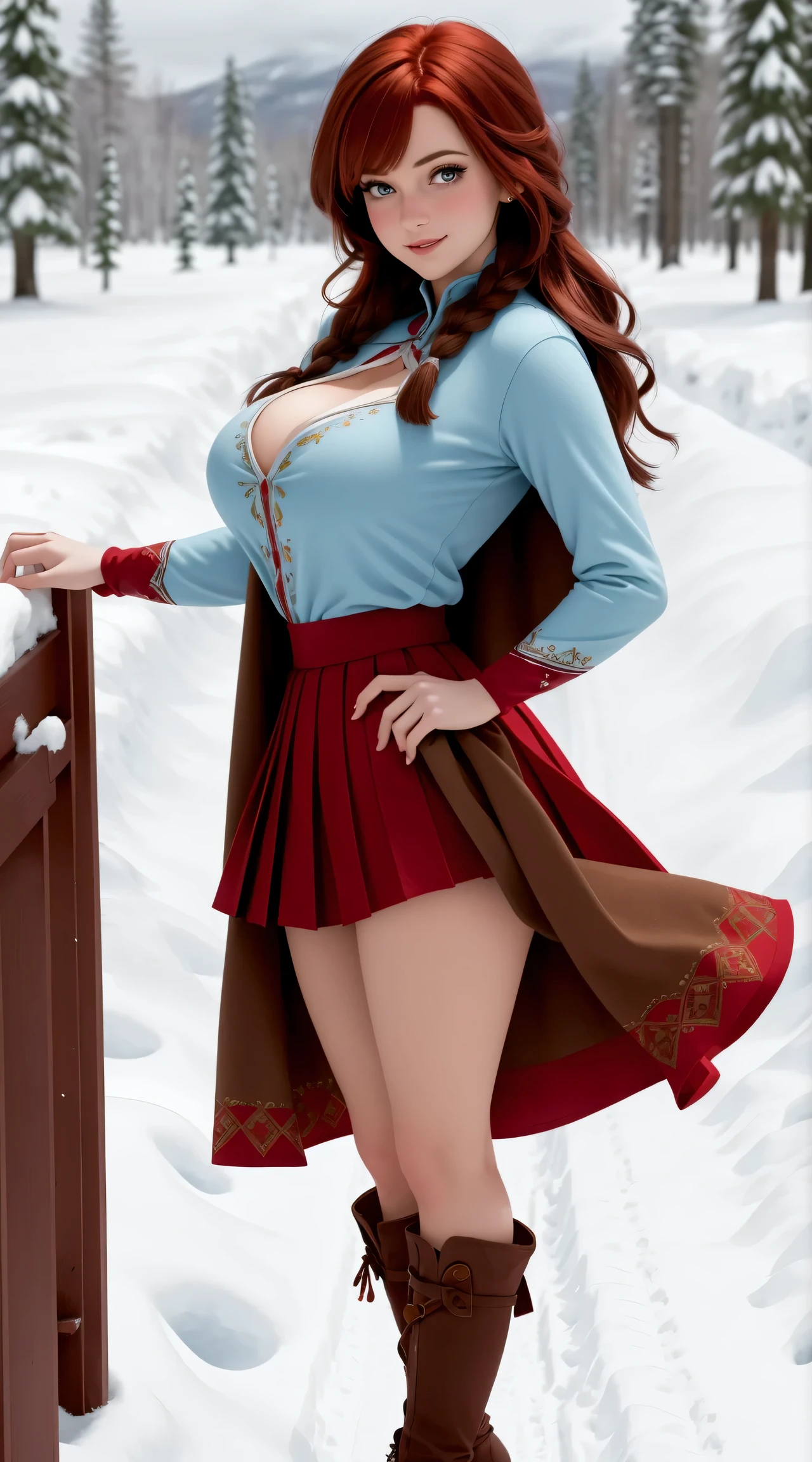 Anna character from Frozen movie, woman, ((Masterpiece, best quality)), full body view, sexy, red hair, smiling, playing with snow, dynamic pose, dynamic position, dynamic shoot, bursting huge breasts, detailed skin, Anna from Frozen clothes, highly detailed, cinematic lighting, ultra realistic, blush, looking at viewer, anna, upskirt, anna from frozen, princess, disney, brown hair, long hair, portrait, outdoor, snow, cleavage, large breasts, very tall and sexy, full body view, tall, skirt, miniskirt, microskirt, pleated skirt, thighs