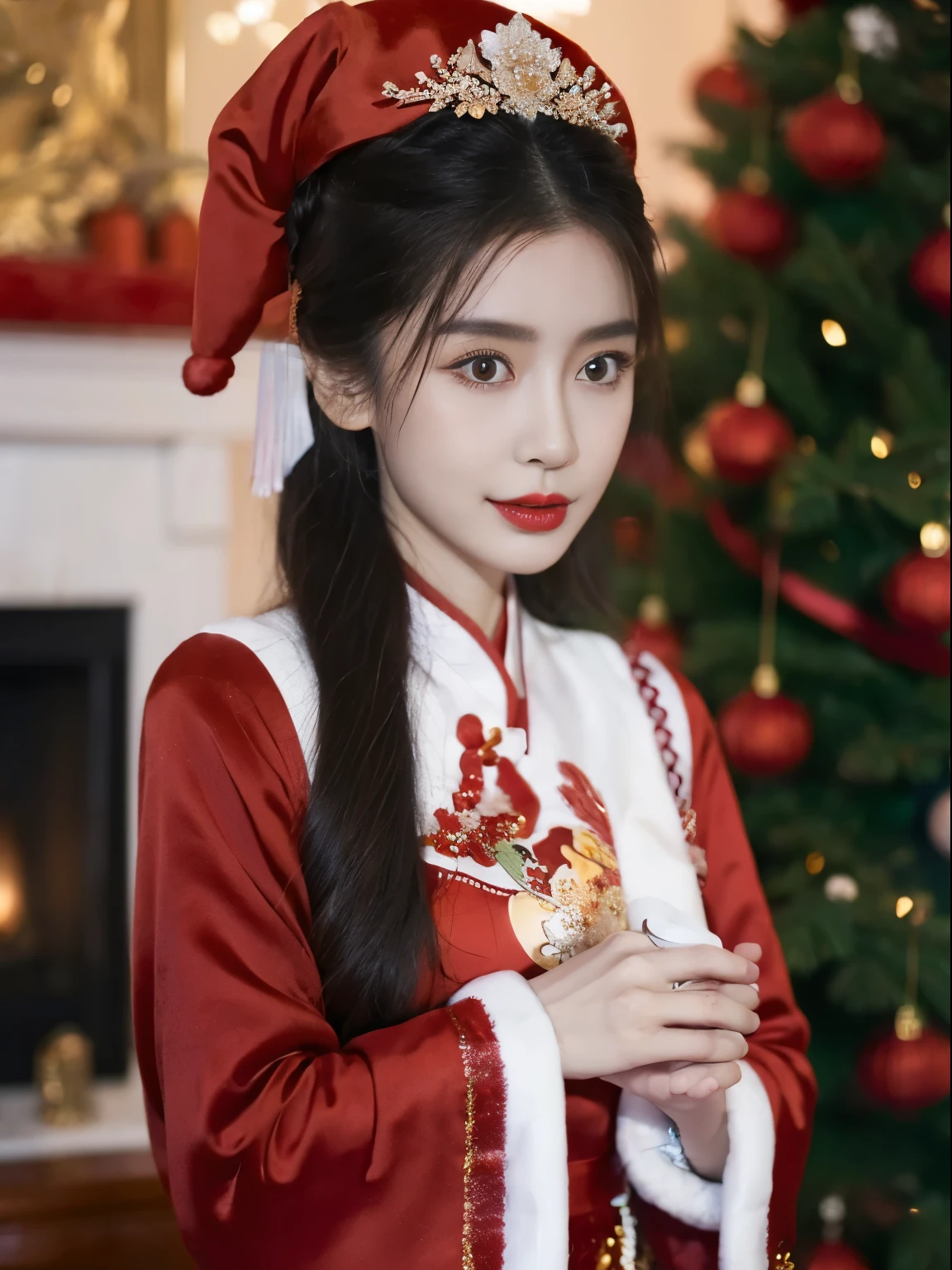 ((Beautiful Chinese Woman))，Asian Women，(Red Santa Claus costume：1.5)，Christmas tree，Christmas atmosphere，Black hair，Photorealsitic，surrealism, F/1.2, 35 mm, Fuji Film, 8K, Super Detail, nffsw, masutepiece, ccurate, Anatomically correct, Textured skin, Super Detail, high details, High quality, Best Quality, hight resolution