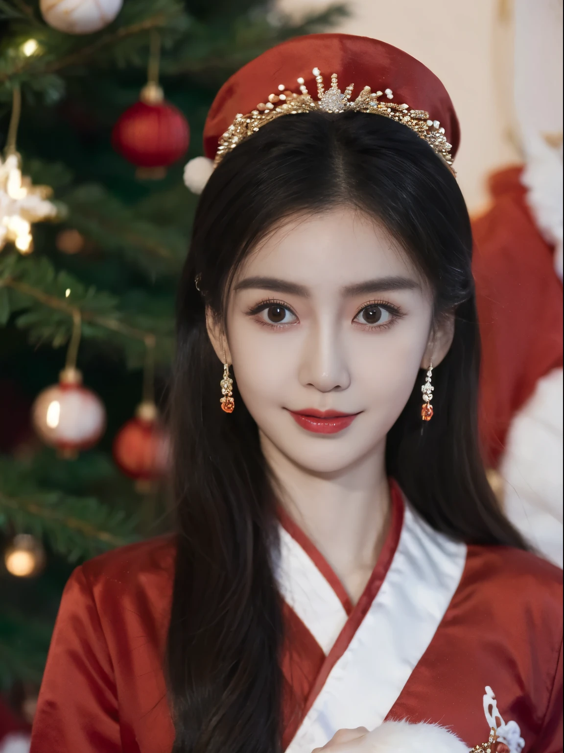 ((Beautiful Chinese Woman))，Asian Women，(Red Santa Claus costume：1.5)，Christmas tree，Christmas atmosphere，Black hair，Photorealsitic，surrealism, F/1.2, 35 mm, Fuji Film, 8K, Super Detail, nffsw, masutepiece, ccurate, Anatomically correct, Textured skin, Super Detail, high details, High quality, Best Quality, hight resolution