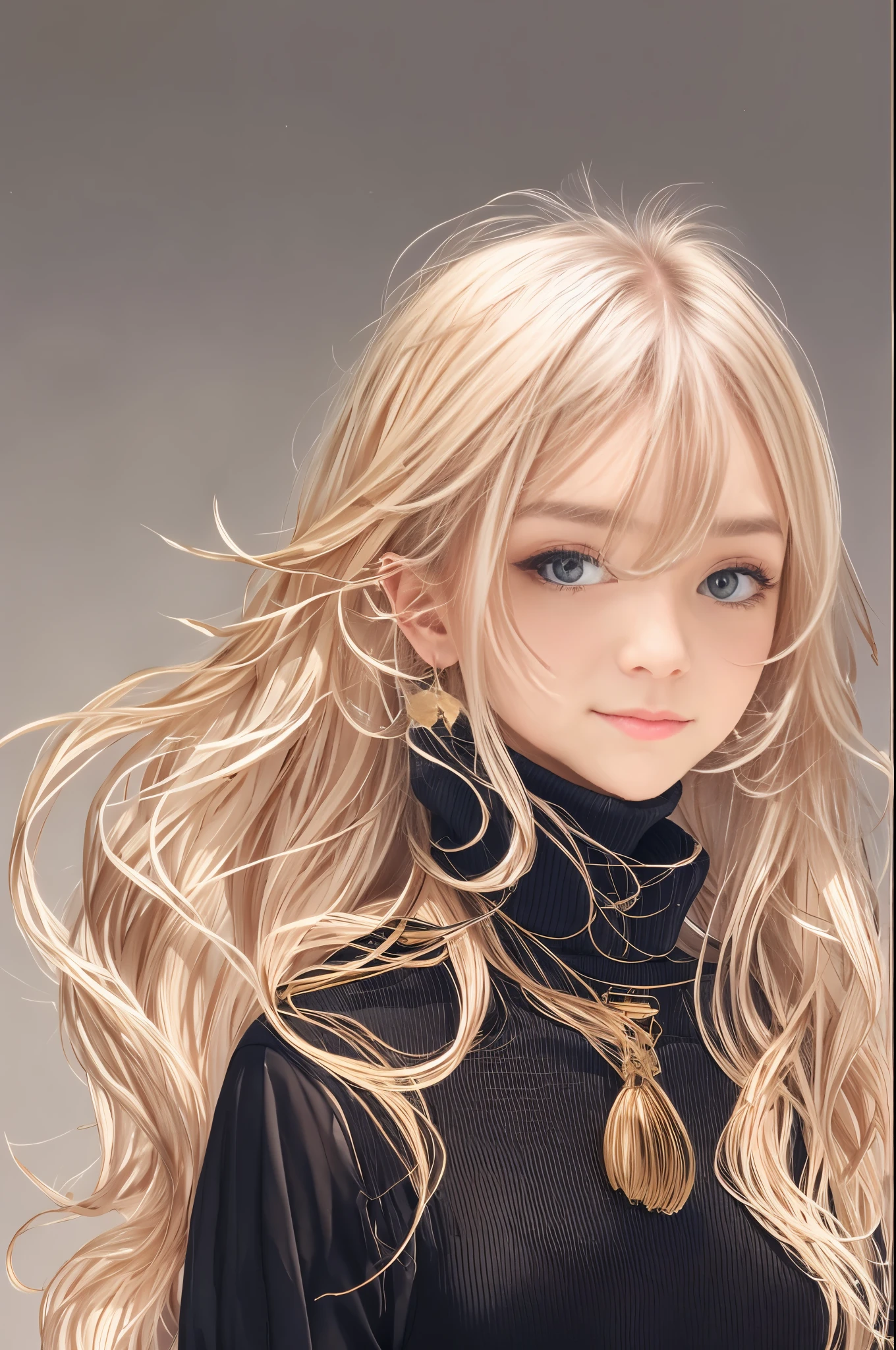 Blonde woman with long hair and black turtleneck looking at camera, portlateショット8 k, 非常に詳細なVFXportlate, ultra-detailliert、 portlate, portlateの接写, dark hair and big eyes, 8k非対称portlate, portlate, フル - portlate,