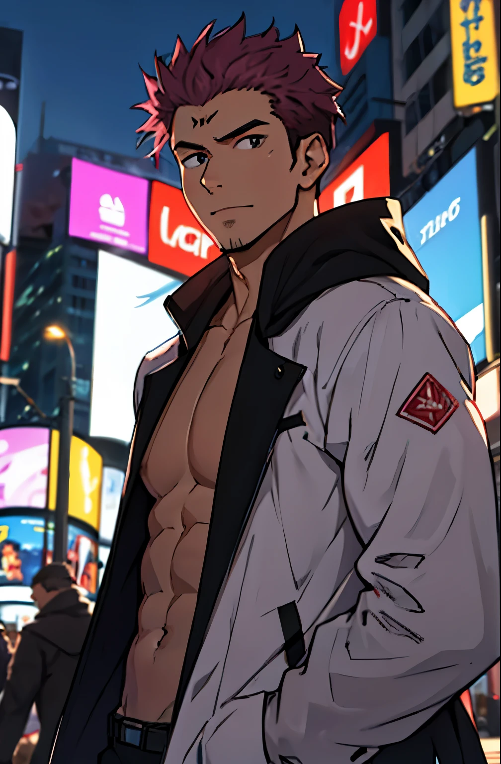 A mais alta qualidade, 8K, image high resolution, Detailed strokes, no meio de uma avenida movimentada estilo Times Square, inverno, apoiado em um dos postes, adolecente, Yuji Itadori, Dark Pink Hair , wearing a cold jacket , slightly unbuttoned jacket showing a bit of his chest, masculo, chest a little tight in the shirt , (angulo de baixo), (Angulo Perto), pernas definidas, defined arms, abdomen definido, com a camisa,