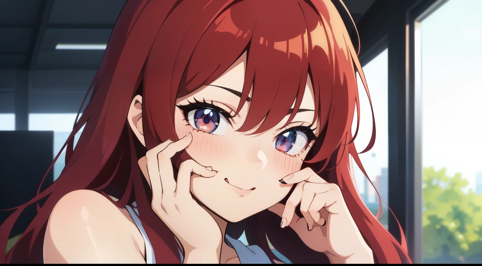A girl with red hair, bright eyes like an anime, Anime Waifu, retro 80s, hand on her face, sexy face, moaning with a red face, sideways looking at the screen, Anime Girl from the Future, 2D Anime.