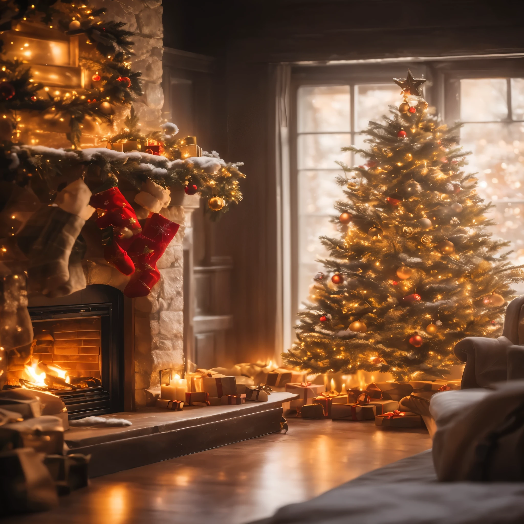 araffe christmas tree in front of a fireplace with candles, shutterstock, istock, festive atmosphere, christmas night, lavishly decorated, cozy environment, photo still, christmas tree, 🕹️ 😎 🔫 🤖 🚬, holiday season, cozy, presents, cozy setting, cozy home background, christmas, stock image, cozy atmosphere