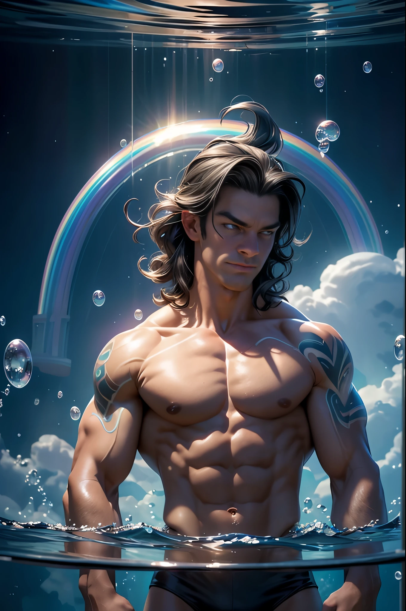 Masterpiece, Need for Good, 1 Man, Adult, Mature Woman, Tall Muscle Man, Dark Theme, Magic Array, Bubbles, Rainbow Sunlight, Underwater, Mirror, Floating Glass Sheets, Rainbow Light, Bubble Swirl, Wind Vortex, Aurora, Fantasy Landscape, Starlight Around the Character, (Upper Body), Naked on Upper Body, with a unicorn tattoo