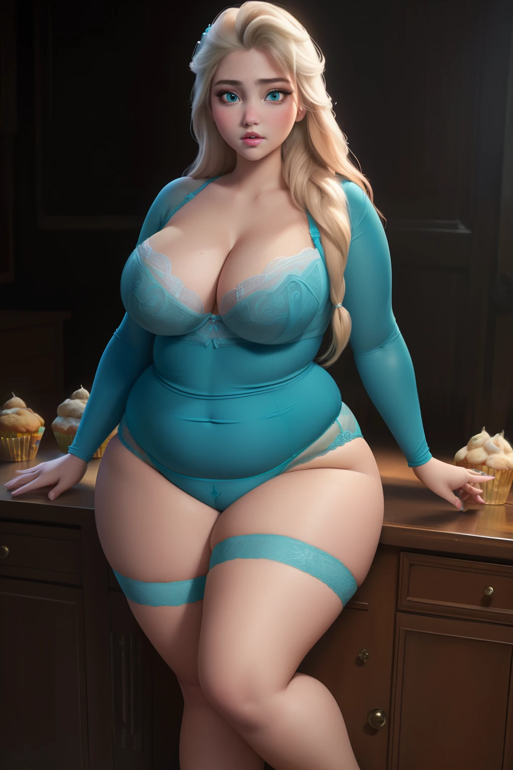 masterpiece, (photorealistic), (8k wallpaper) , (best quality), perfect quality, solo, (detailed eyes:0.9), girl, blonde hair, Elsa, very beautiful, face : ( very beautiful face, cute face, round face, young ) , figure: ( very full body, very thicc, very plump, very soft, very curvy, sexy, sexy pose, very chubby, chubby belly, navel, love handles, muffin top, big deep navel, thunder thighs, fed up) , clothes : ( teal tight lingerie )