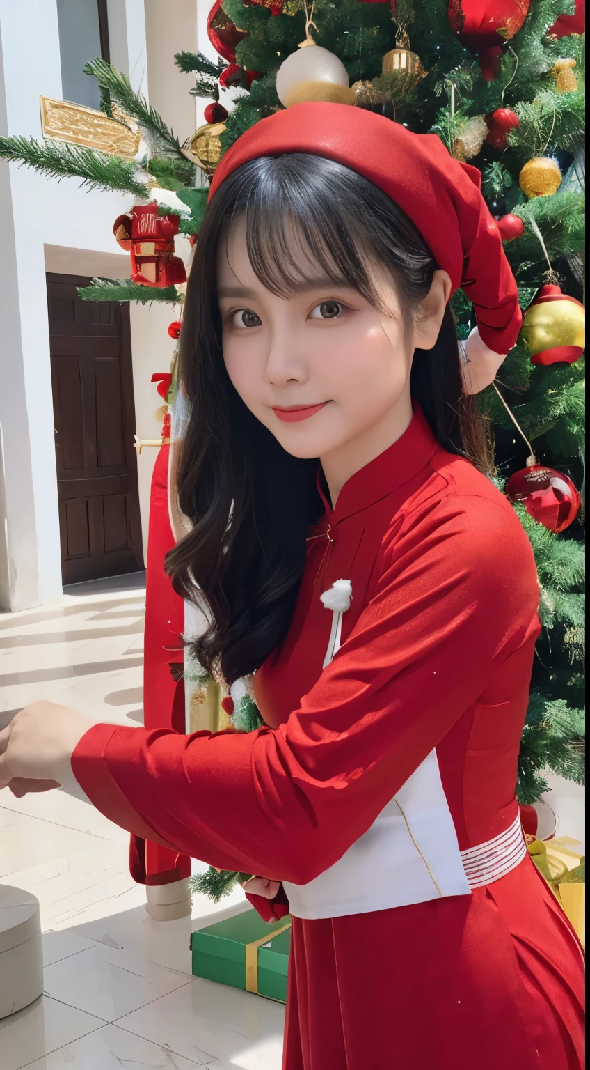 (Beautiful Vietnamese Woman),(Red Ao Dai:1.5),(Santa Claus hat),Christmas tree,Christmas atmosphere black hair, Surrealism, 8k, super detail, UHD, masterpiece, ccurate, textured skin, super detail, high details, high quality, best quality