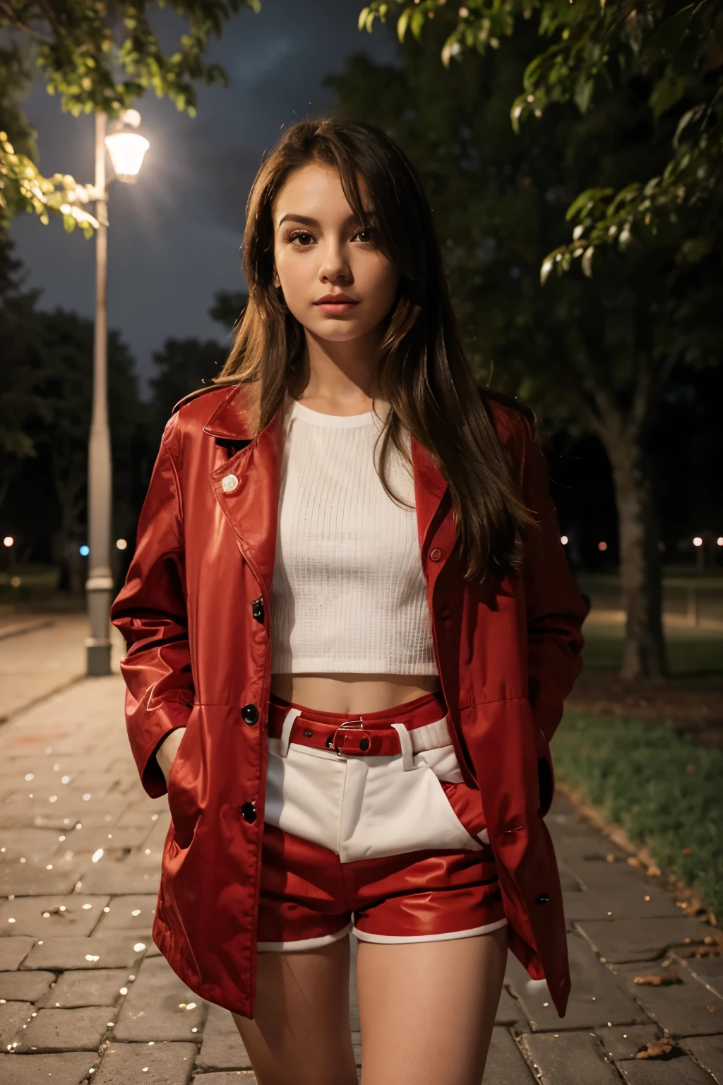 A short 4 fit heightened girl standing in red party jacket and white shorts in park night view