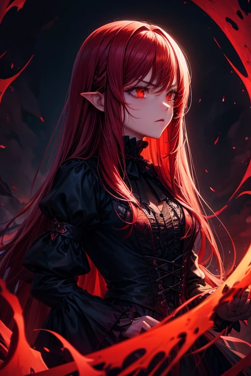 ultra-detailed, vivid colors, long hair, intense expression, dark background, red blood, dramatic lighting, fantasy style, gothic, elegant, mysterious
