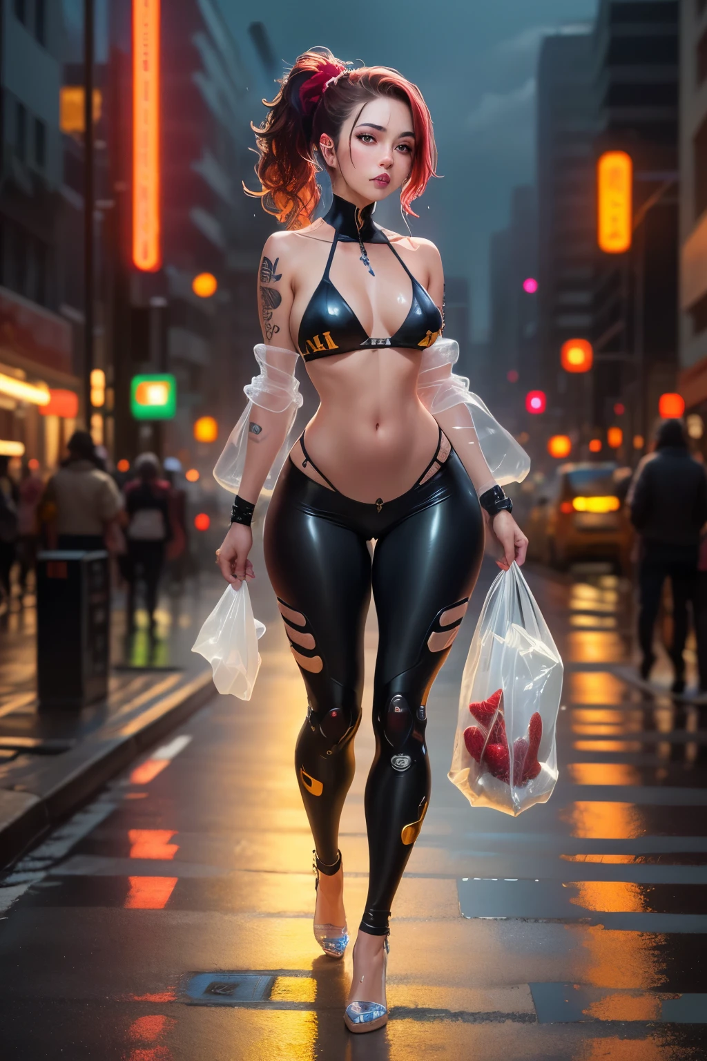 asterpiece in the world)), art rich in colors, ((Realism)), (Brazilian woman), (extremely beautiful girl: 1.2), mature,  woman, (full body), (semi-naked girl),  pose, (Crisp face), (one eye is bionic), (ponytail hair with variations), shaved and braided hair on the side, hair, blond, black, red, random hair lock color, perfect body, strawberry mouth with shine, mouth little open, eyes symmetrical,  look, beautiful eyes ultra detailed and with brightness), makeup, perfect hands with 4 fingers and a thumb, full  and rounded medium and laterally, tendency  of the Brazilian, small and round , and protruding ), (pubic hair barely visible), piercing in the navel, tattoos on the body, tattoo style Irezumi, thin waist, tanned skin,  marks on tanned skin, metehumam skin, hyper detailed skin with visible pores, small discolored body hairs, bionic, legging, (transparent crystal plastic top: 1.2), (transparent plastic bag), (transparent crystal plastic fabric), wet with sweat, (see through fabric), Cyber Punk style jacket, high heel shoes, ((Metropolises night city of Cyber Punk night background extremely detailed: 1.4)), cyber punk walking npcs, parked sport bikes, (billboards: 1.2), glass cover, disco, alley, beach, landscape, neon, wet floor, glow efect, (8k resolution: 1.2), (Canon EOS R6), Artstation trend, Lumen[, sharp, Unreal 5, photorealistic art, Ray Tracing, (High Dynamic Range 10 plus), surrealism, shadow, stereogram, Lens Flare light, (hyper realistic light and shadow: 1.2) ;