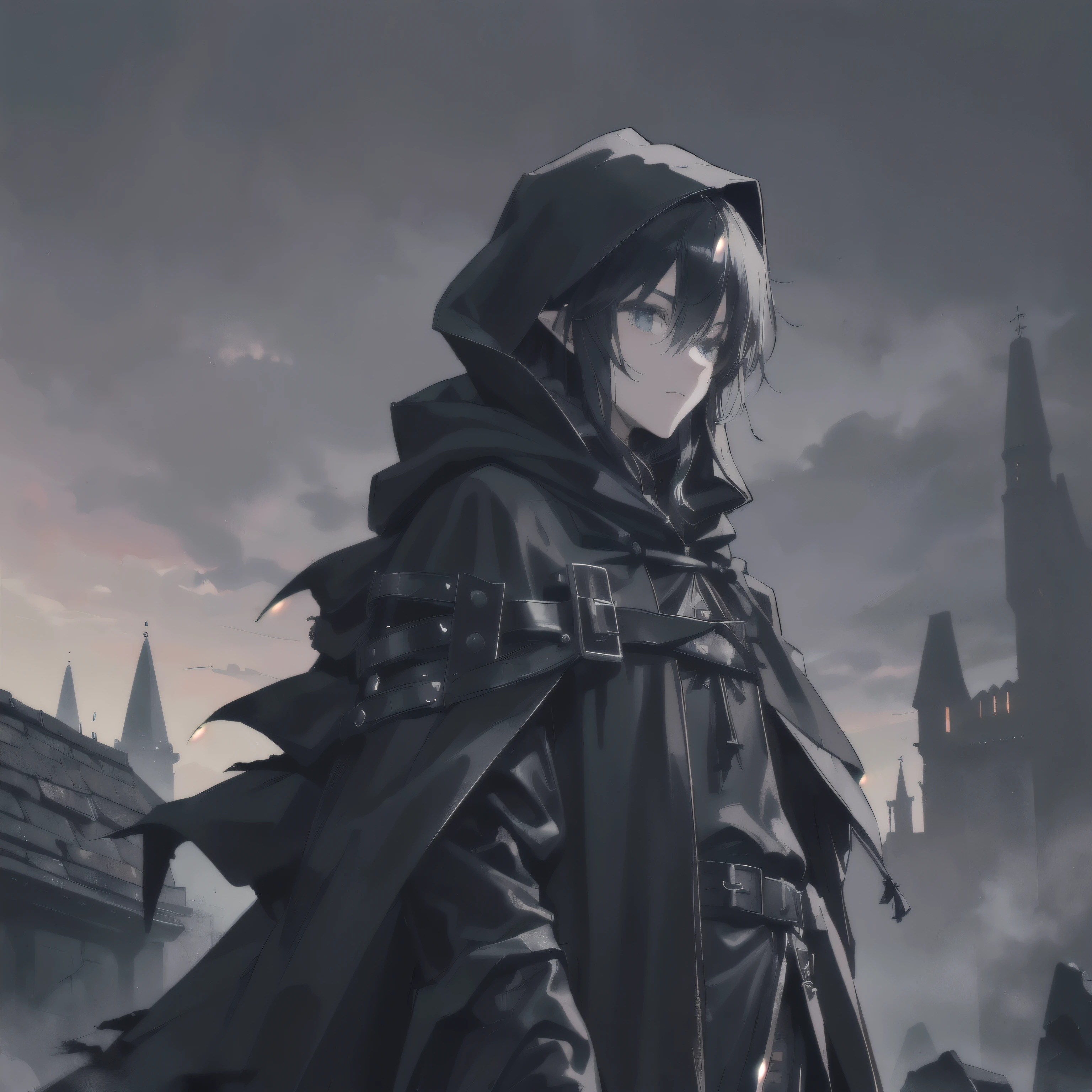 (独奏), the anime, character, Masterpiece, (medieval fantasy:1), (Mysticism:1.4), (western:1.1), (survival), Guy, elf, (rogue), stern, (Black long hair:1) , (old black leather coat, hood, baggy clothes:1.5), (shabby look, Dirty Look:1.3), (Leather thong), (Deep Night, no light:1.5), woods
