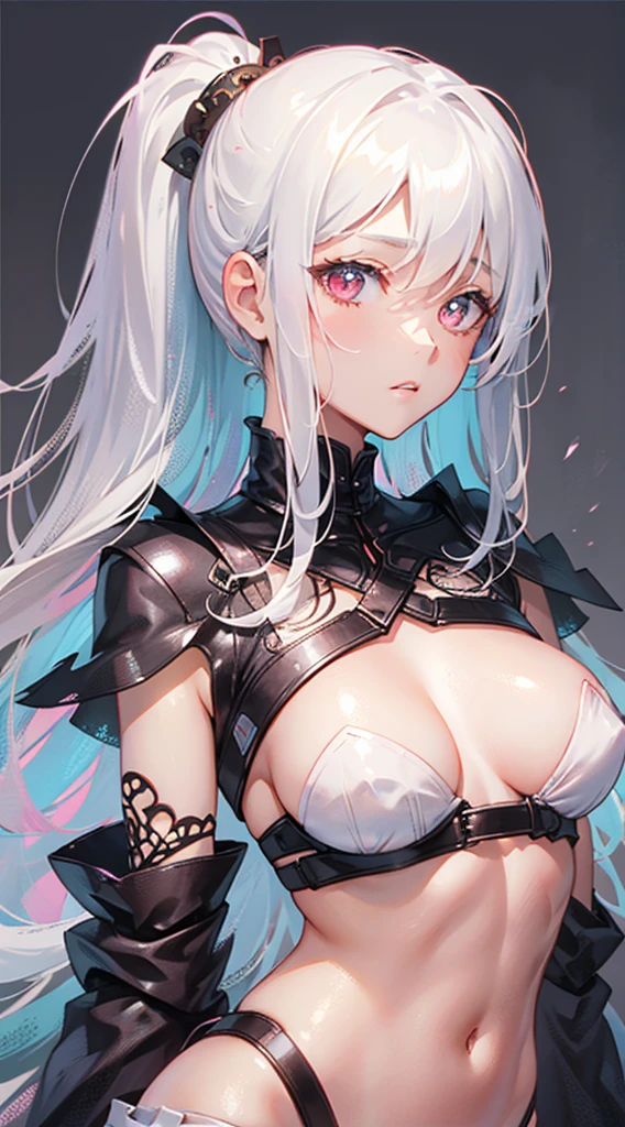 cropped torso upper body,Perfect female body,side poneyTail,White hair,Red Eyes,arms behind her back,to stand,鎖骨,barechested,medium breasts,((White background)),(((Detailed Manga Illustration))),(((intricate-detail))),masuter piece