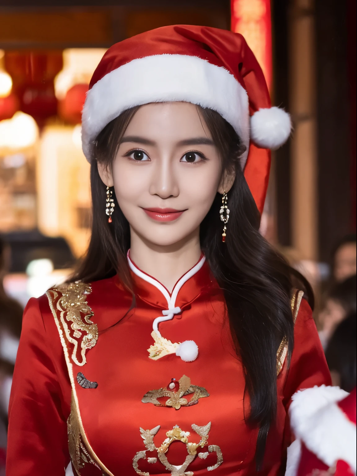 ((Beautiful Chinese Woman))，Asian Women，(Red Santa Claus costume：1.5)，Christmas tree，Christmas atmosphere，Black hair，Photorealsitic，surrealism, F/1.2, 35 mm, Fuji Film, 8K, Super Detail, nffsw, masutepiece, ccurate, Anatomically correct, Textured skin, Super Detail, high details, High quality, Best Quality, hight resolution