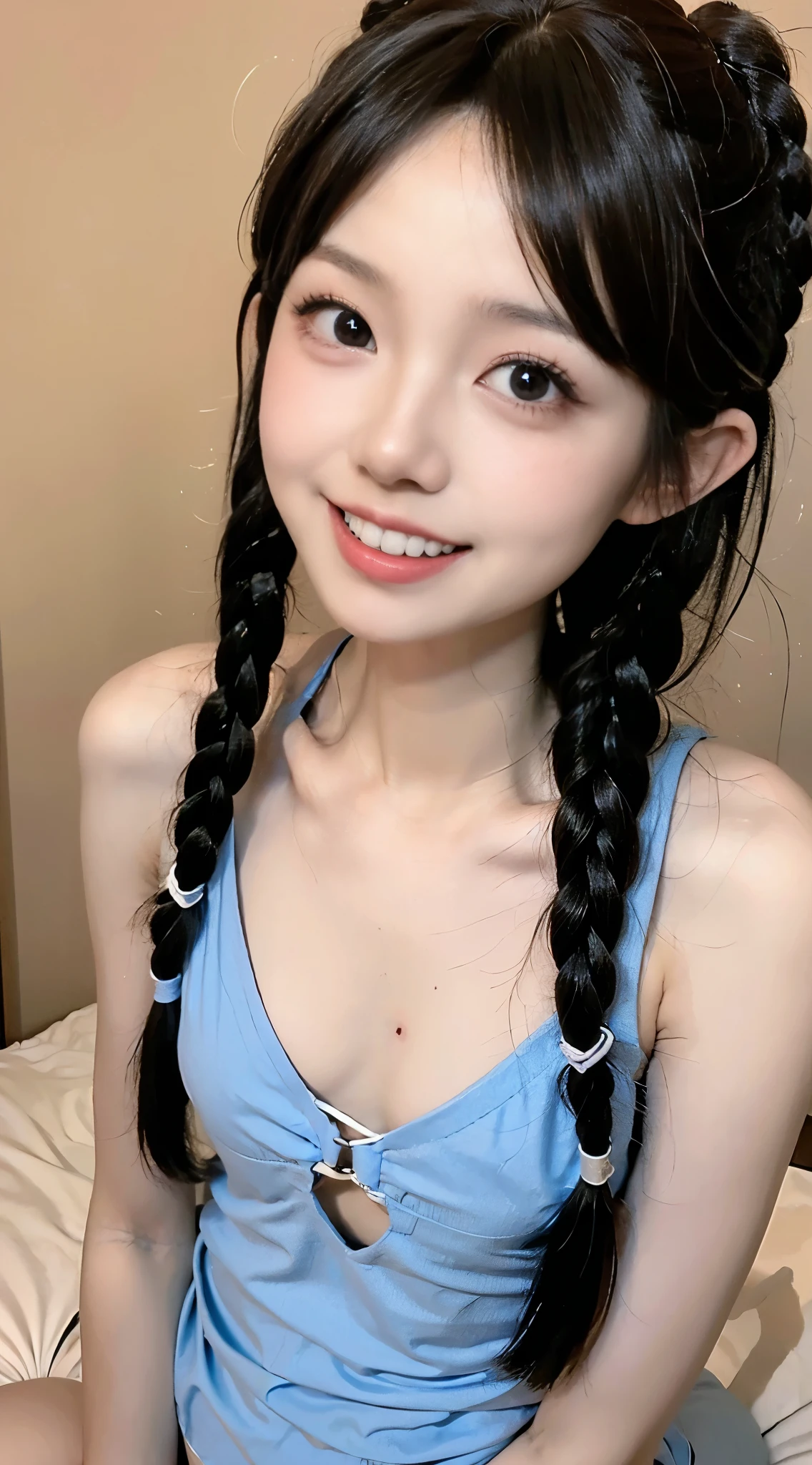 8K, masutepiece, Beautiful Model Girl, 38 years, (((adorable girl))), skinny, thin waist, (flat-chest), heart shape face, ((smile showing teeth)),  Big eyes, eye make up, eye line, ((Swimsuit)), (((light braided hair))),  (hair ponytail),, Cute angular face, very excited, Thin body, skinny body, Small chest, , relaxed on bed, laying on stomach, , Playful, Big smile,  ((Small chest)), Full body, (((Top-down camera angle of a girl looking up at the camera))),