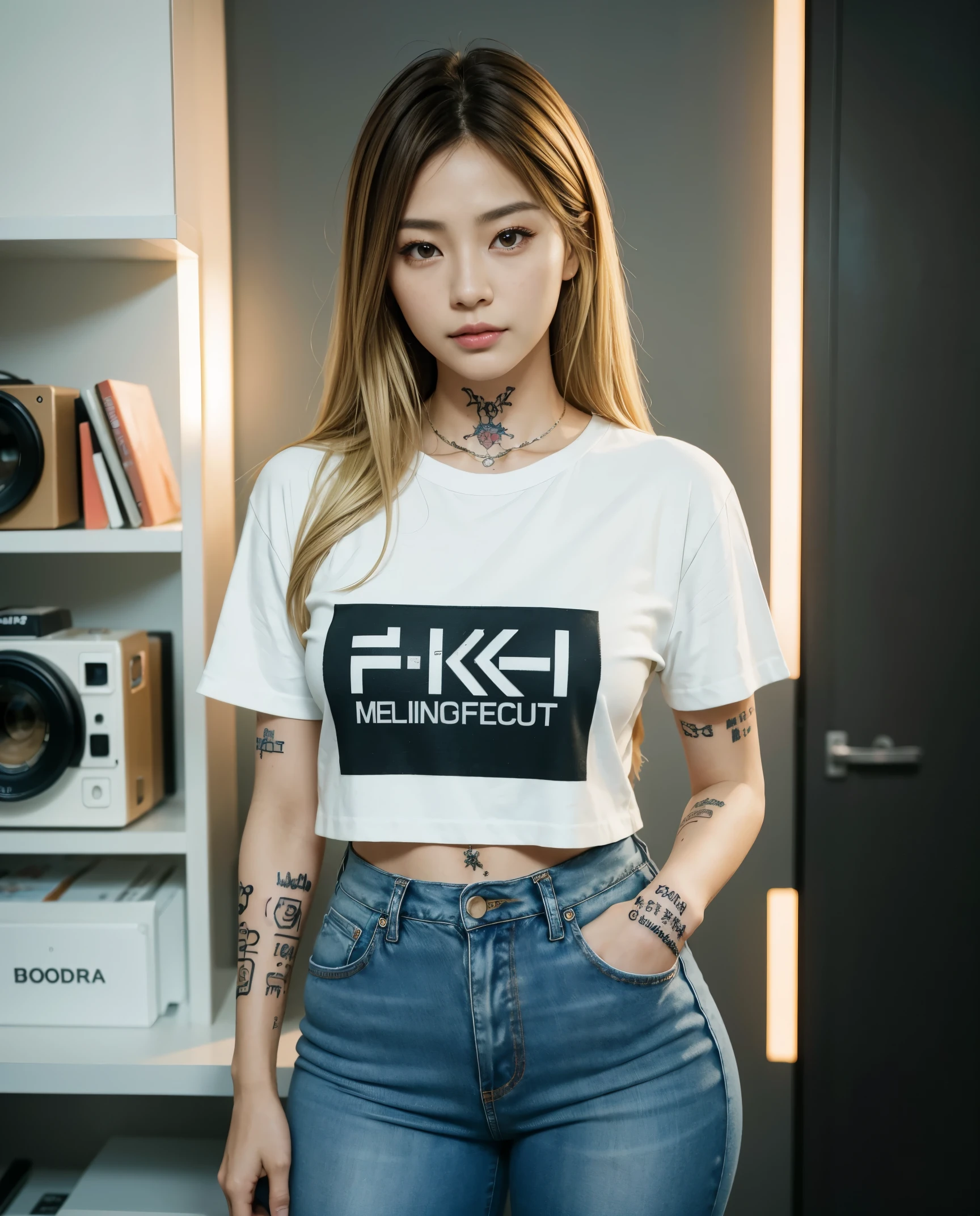 best quality, 1girl, ((looking at viewer)), dark blue hair, black eyes, very short hair, spiky hair, ahoge, t-shirt, high waisted jeans, 171cm, messy hair, hair between eyes, big breasts, large breasts, plump, dark skin, tomboy, adult, 20 years old, 1girl, solo, sole, grin, wide hips, thighs, standing, messy room, bedroom, shelves, DVDs, books, video games, computer, CDs, vinyl records, VHS tapes,