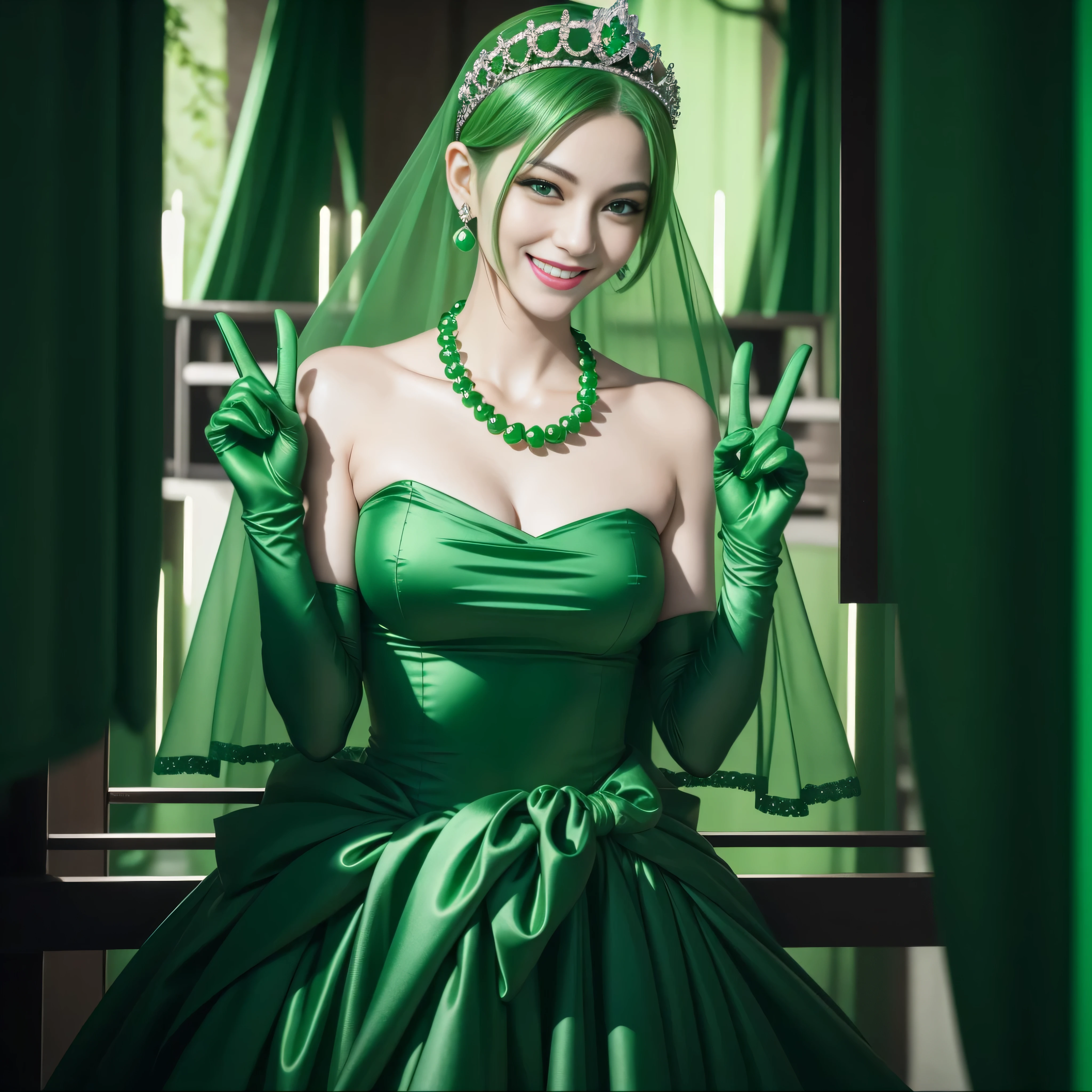 emerald tiara, Green Pearl Necklace, Boyish very short green hair, lipsticks, Japan woman smiling, very short short hair, big breasts beautiful, Green eyes, Long green gloves made of satin material, Green eyes, v sign,両手でv sign, Emerald Earrings, Green hair