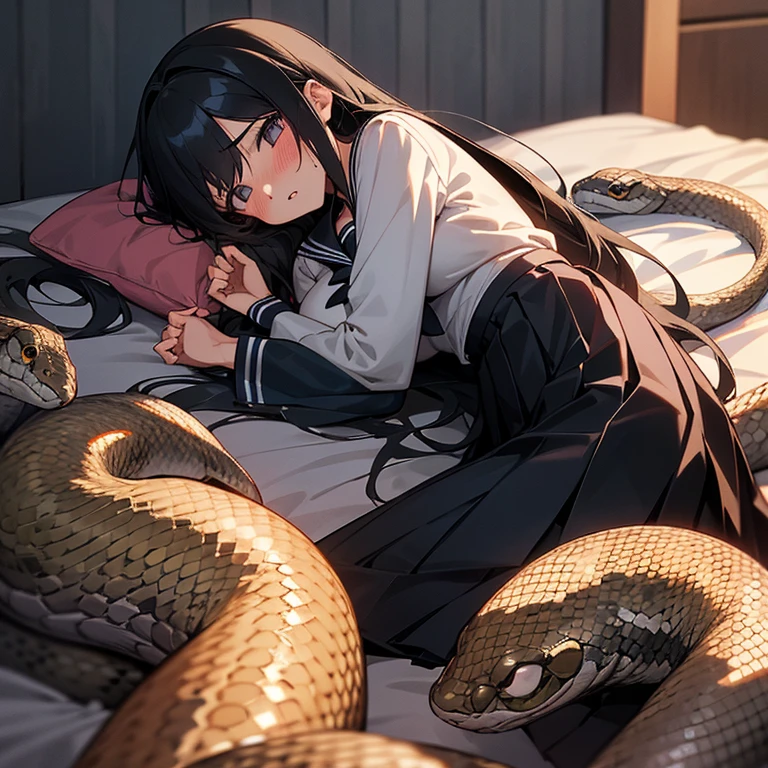 girl lays on a bed, 1girl, solo, breasts, ,black hair, long hair ,((lying on back)),black long-sleeved sailor uniform, black pleated skirt, (messy clothes: 1.0), (Background: on bedroom bed),(large breasts),blush,(embarrassed),upset, parted lips, sweat, (snakes 1.5), (snake tail), (Diagonal angle), pretty girl, looking up, sunset, best quality,detailed,high resolution,