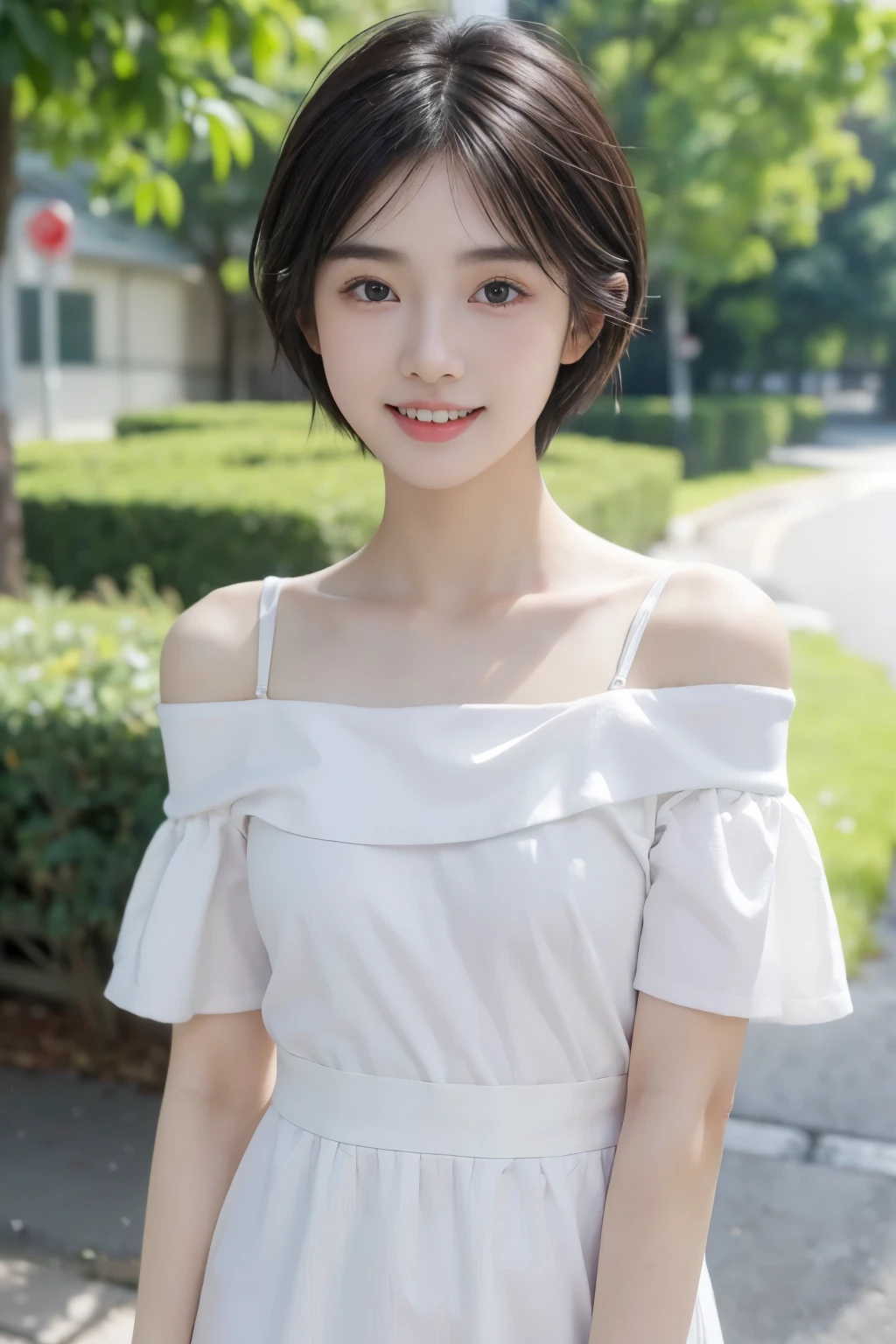 (((masterpiece))), (One beautiful Japanese girl, classmates, Scenery and innocence,kawaii) ,超A high resolution, Realistic, ultra-detailliert, 8K,top-quality, Extremely detailed, Detailed background,A slender,very beautiful japanese girl, Detailed face:1.3), (Boyish short-haired,A dark-haired :1.4), (a baby face,kawaii系,adorable 14 year old girls), (Perfect body:1.1), White Dress, Show your beautiful teeth,Bursting smile, beautiful off shoulder clavicle、Scrunchie,Super Detailed Face、Detailed lips、A detailed eye、small gravure idol,Transparent skin