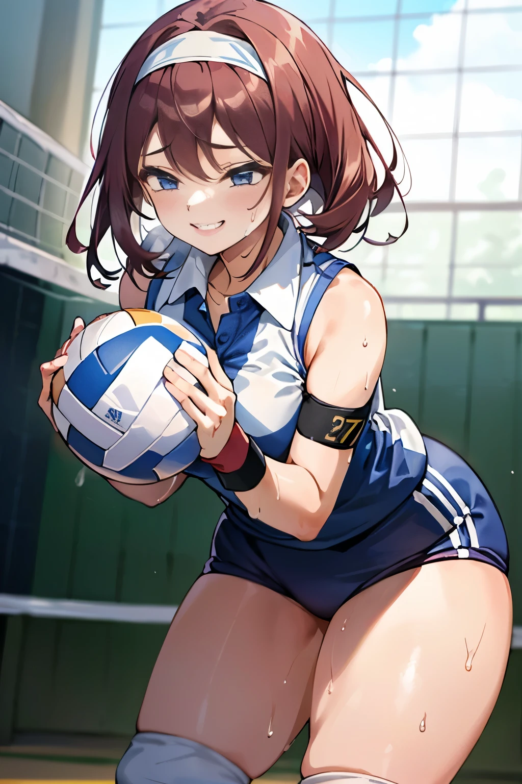 unity 8k wallpaper, anatomically correct, (((masterpiece))), (((best quality))), (((ultra detailed))), (((high-resolution))), ((super fine illustration)), ((Ultimate cutie)), ((detailed beautiful face)), ((perfect hands)), ((perfect finger)), (((good anatomy))), Solo, One girl, , (potbelly), (Curve), medium breasts, ((thick thighs)), Shiny hair, ((evil smile)), (smirk), (blush)), BREAK, Adidas, (((Buruma))), (Sleeveless collared Volleyball Uniforms), head band, ((wristbands)), ((Kneepads)), BREAK, ((Hold a beautiful spherical 6-inch white volleyball with both hands)), leaning forward, ((Sweat)), (perspired), (Heavy breathing), in gymnasium, in volleyball court, depth of field, strong light, ((Looking down)), cowboy shot