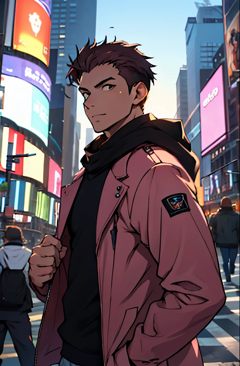 A mais alta qualidade, 8K, image high resolution, Detailed strokes, no meio de uma avenida movimentada estilo Times Square de noite nevando , inverno, apoiado em um dos postes, adolecente, Yuji Itadori, Dark Pink Hair , wearing a cold jacket , masculo, chest a little tight in the shirt , (angulo de baixo), (Angulo de Perto), pernas definidas, defined arms, abdomen definido, com a camisa,