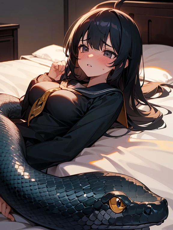 ((nsfw)),masterpiece, anatomically correct, highres, best quality,1 girl, solo, black hair, long hair ,((lying on back)),black long-sleeved sailor uniform, black pleated skirt, shy, blush, parted lips, heavy breathing, drooling, endured face,excited,(messy clothes: 1.5), (bra:1.0), (open clothes: 1.0), (Background: on bedroom bed),(large breasts), sweat, (snakes 1.5), (snake tail), pretty girl, (looking away:1.0), sunset, steam, best quality,detailed,high resolution,