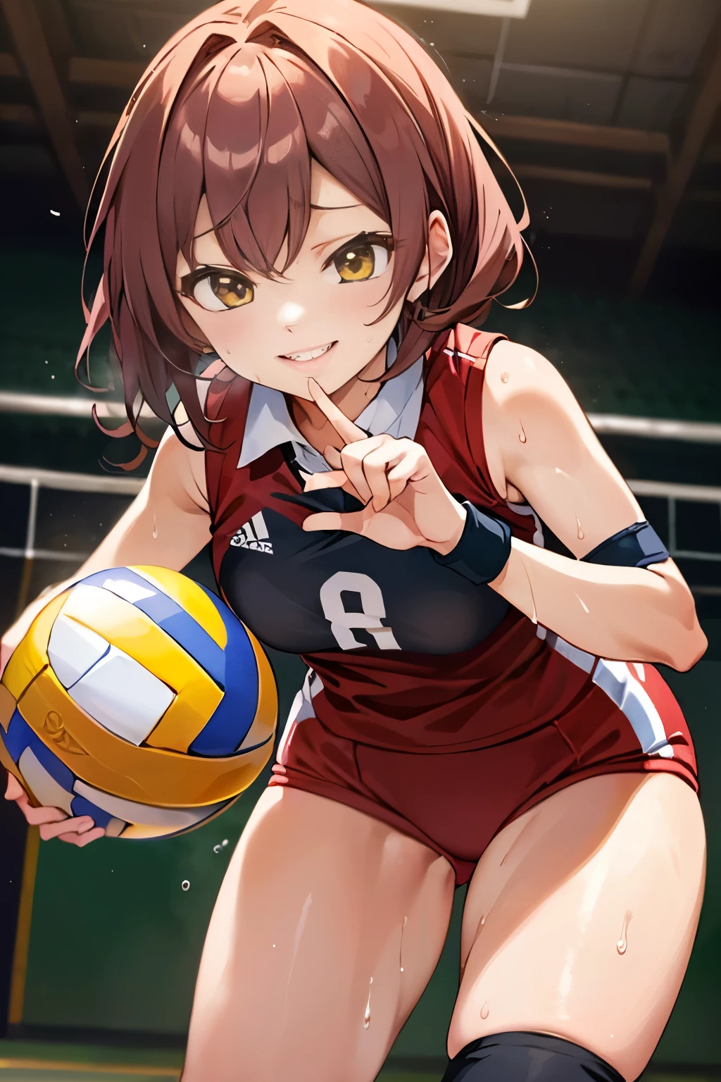 unity 8k wallpaper, anatomically correct, (((masterpiece))), (((best quality))), (((ultra detailed))), (((high-resolution))), ((super fine illustration)), ((Ultimate cutie)), ((detailed beautiful face)), ((perfect hands)), ((perfect finger)), (((good anatomy))), Solo, One girl, 17 years old, (potbelly), (Curve), medium breasts, ((thick thighs)), Shiny hair, ((evil smile)), (smirk), (blush)), BREAK, Adidas, (((Buruma))), (Sleeveless collared Volleyball Uniforms), head band, ((wristbands)), ((Kneepads)), BREAK, ((Hold a beautiful spherical 6-inch white volleyball with both hands)), leaning forward, ((Sweat)), (perspired), (Heavy breathing), in gymnasium, in volleyball court, depth of field, strong light, ((Looking down)), cowboy shot
