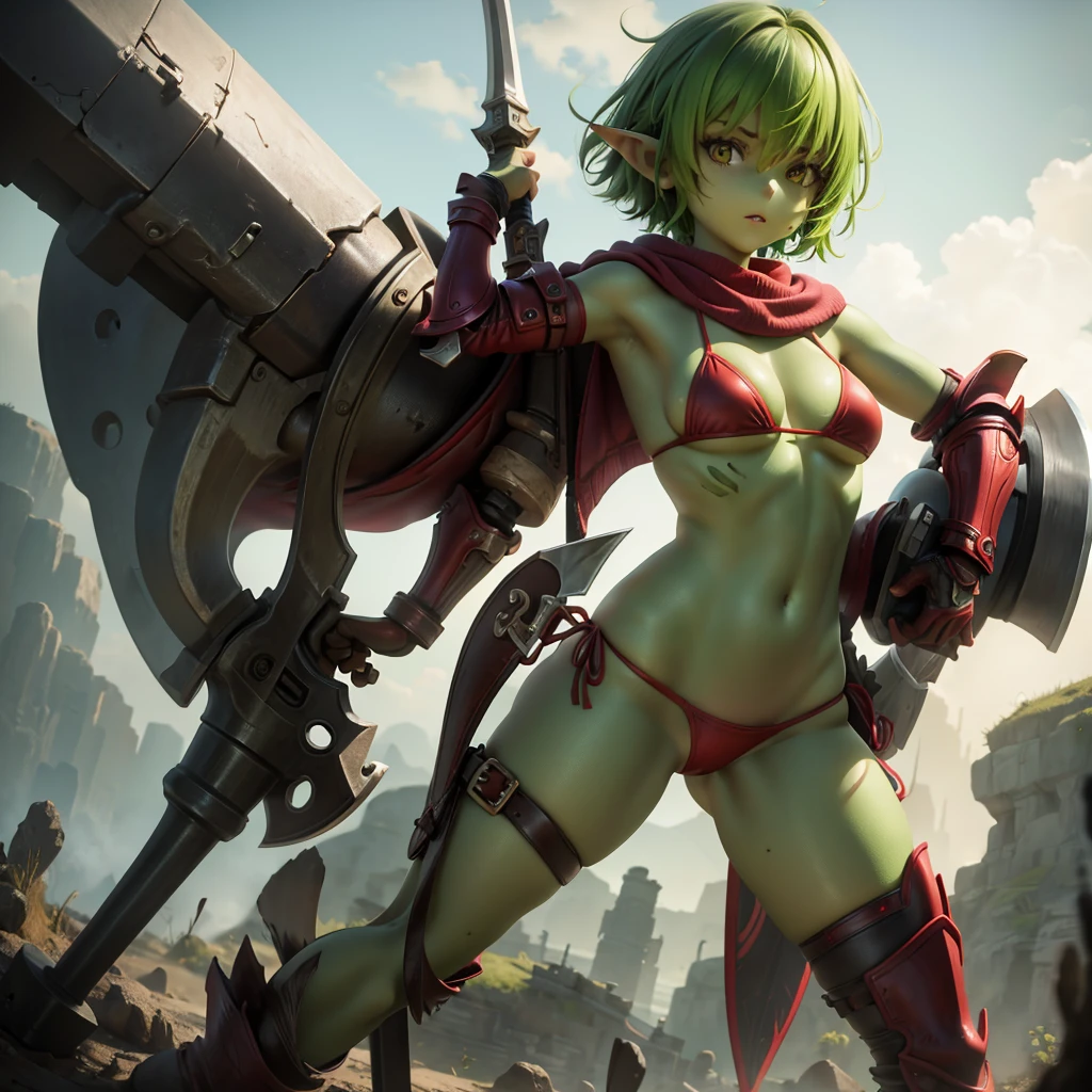 Solo,female,goblin,green skin, short red messy hair, leather bikini armour, holding axe, standing, legs spread, masterpiece high-quality