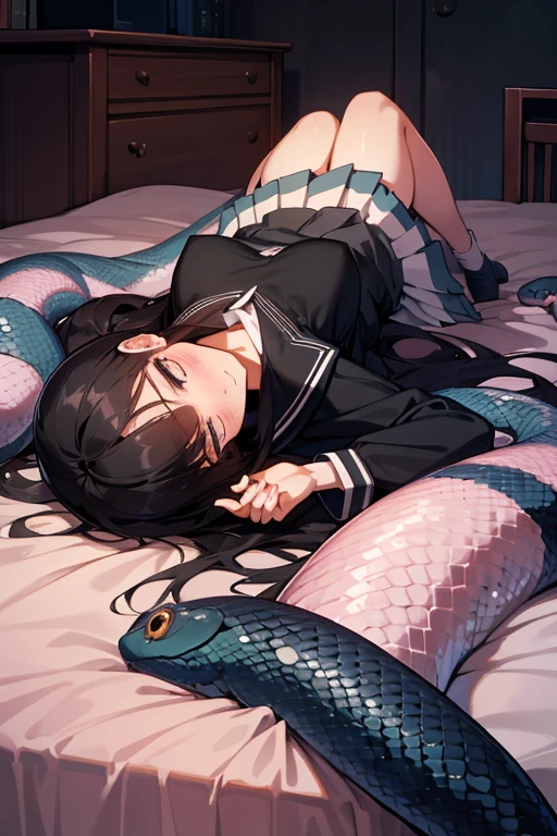 girl lays on a bed, 1girl, solo, breasts, ,black hair, long hair ,((lying on back)),black long-sleeved sailor uniform, black pleated skirt, (messy clothes: 1.0), (Background: on bedroom bed),(large breasts),blush,(embarrassed),upset, parted lips, sweat, (snakes 1.5), (snake tail), (Diagonal angle), pretty girl, looking up, sunset, best quality,detailed,high resolution,