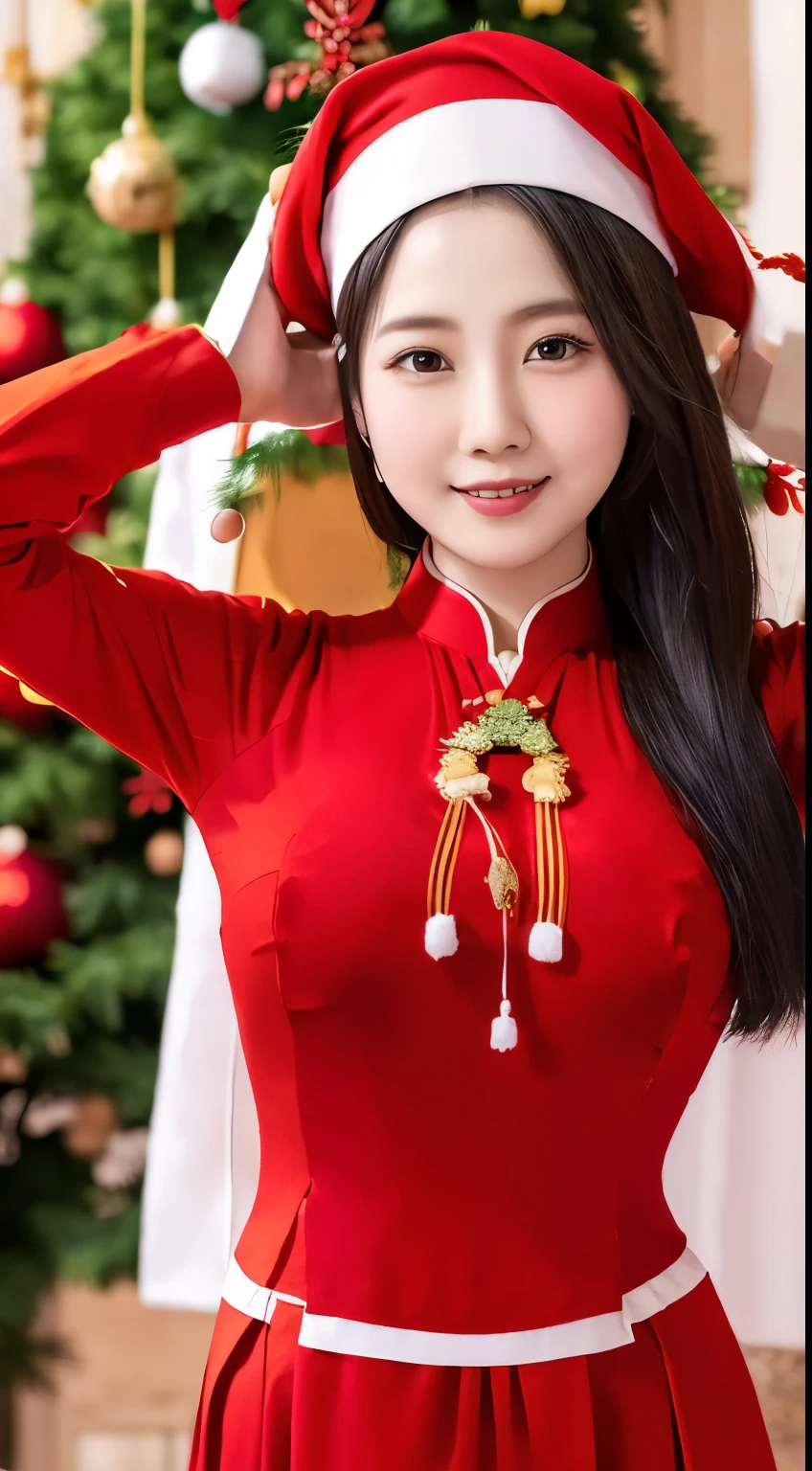 (Beautiful Vietnamese Woman),(Red Ao Dai:1.5),(Santa Claus hat),Christmas tree,Christmas atmosphere black hair, Surrealism, 8k, super detail, UHD, masterpiece, ccurate, textured skin, super detail, high details, high quality, best quality