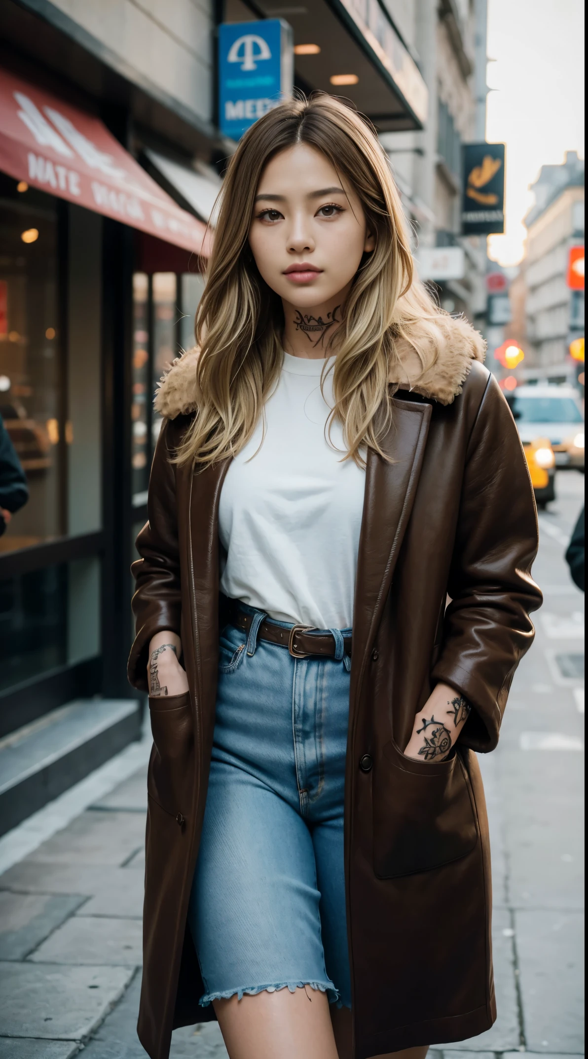 50 years old, gorgeous cute  Turkish girl, smirk, freckles, polaroid photo, (dark skin:1.3), (medium blonde hair:1.6), three women in coats are walking down the street, ulzzang, twice, roseanne park of blackpink, jossi of blackpink, blackpink, pelt coats, bae suzy, wearing a fur coat, sun yunjoo, fuzzy details, brown fur, brown clothes, wearing a brown, coat, fluffy fluffy fur, sha xi, wearing a long coat, light brown coat, badass look, famous beautiful model, good young girl, (masterpiece:1.0),(best_quality:1.0), ultra high res,4K,ultra-detailed, photography, 8K, HDR, highres, absurdres:1.2, Kodak portra 400, blurry background, bokeh, lens flare, (vibrant_color:1.2),professional photograph, (the_tattoo:1.4), (beautiful_face:1.5),(narrow_waist). --v 6