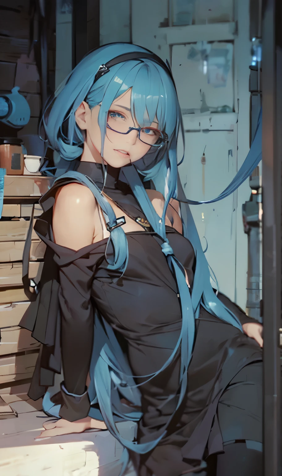 、grayscales、Onepiece、dishevled hair、slovenly、Cross-eyed、Drunk、Turned、( Silly / Sexual ecstasy)、Turned、eye glass、top-quality, Photorealistic, An ultra-fine illustrations, beautiful attractive anime girl, miku hatsune, Slender body, Tied hair, one girls, a photo of girl, Full body shot, Beautiful blue eyes, Turned,