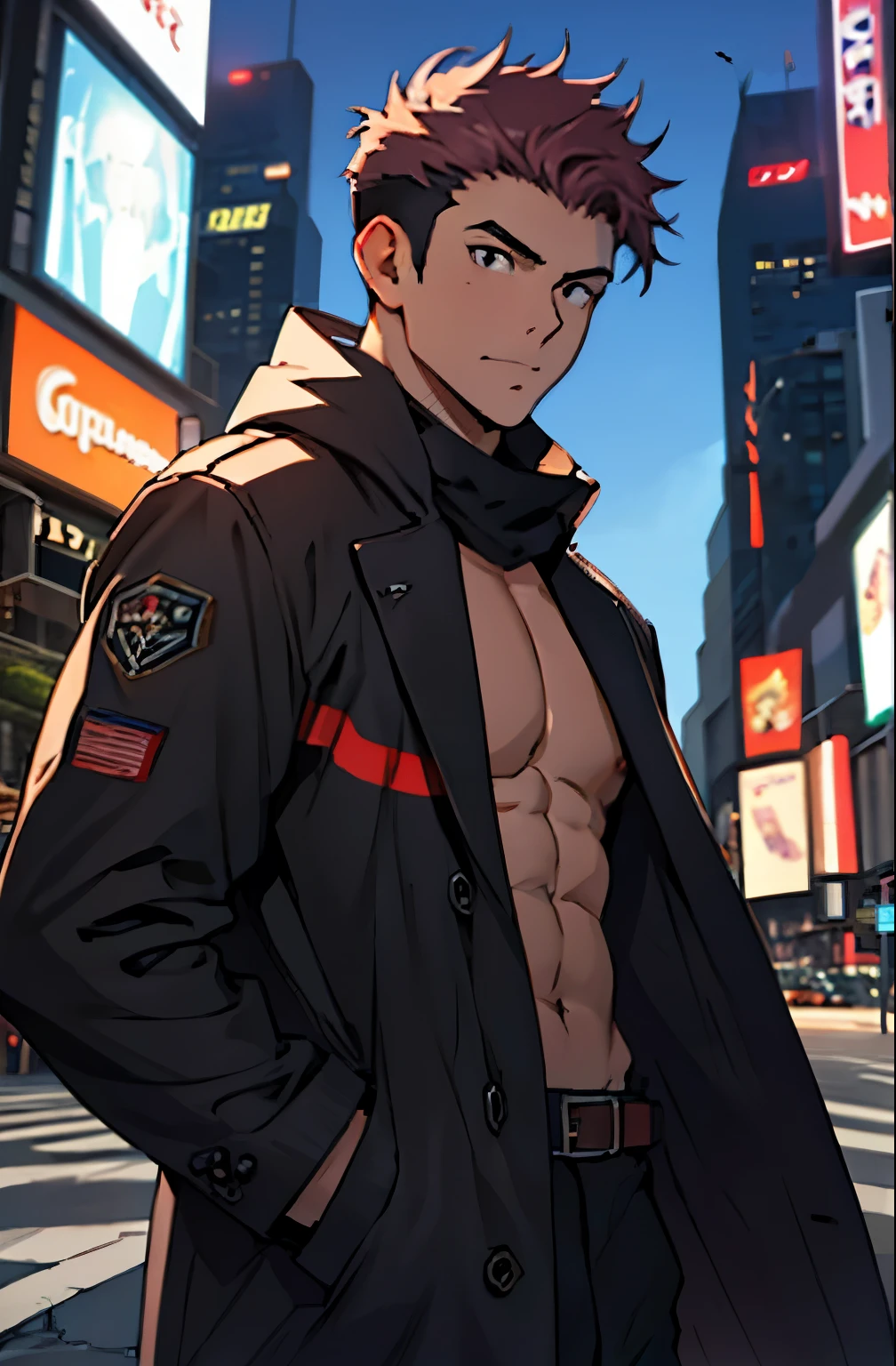 A mais alta qualidade, 8K, image high resolution, Detailed strokes, no meio de uma avenida movimentada estilo Times Square de noite nevando , inverno, apoiado em um dos postes, adolecente, Yuji Itadori, Dark Pink Hair , wearing a cold jacket , masculo, chest a little tight in the shirt , (angulo de baixo), (Angulo de Perto), pernas definidas, defined arms, abdomen definido, com a camisa,