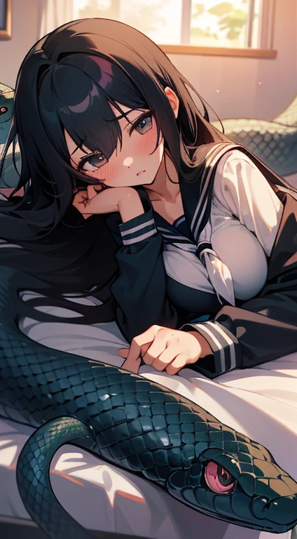 girl lays on a bed, 1girl, solo, breasts, ,black hair, long hair ,((lying on back)),black long-sleeved sailor uniform, black pleated skirt, (messy clothes: 1.0), (Background: on bedroom bed),(large breasts),blush,(embarrassed),upset, parted lips, sweat, (snakes 1.5), (snake tail), (Diagonal angle), pretty girl, looking up, sunset, best quality,detailed,high resolution,