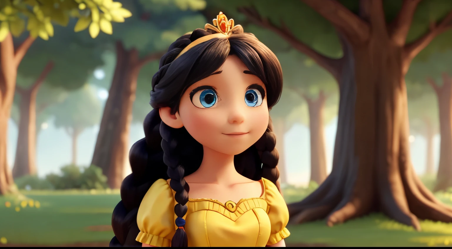 The good princess has long black hair, blue eyes, fair skin, and wears a very modest yellow dress. She has two braids that cascade down to her shoulders. In the background A big tree.