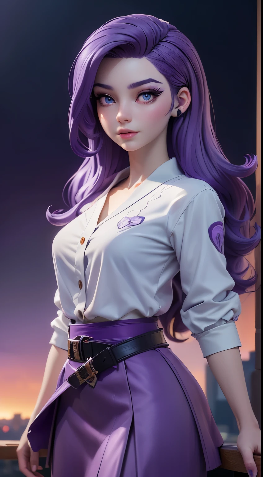 (mlprarity:1.2), (colored skin, white skin:1.5), (purple hair:1.5), (blue eyes, side parted hair, long hair, curly hair:1.2), (white blouse, purple skirt, purple belt:1.5), diamond theme, city girl, city, (realistic:1.2),  (masterpiece:1.2), (full-body-shot:1.2),(Cowboy-shot:1.2), neon lighting, dark romantic lighting, (highly detailed:1.2),(detailed face:1.2), (gradients), colorful, detailed eyes, (detailed landscape:1.2), (natural lighting:1.2),(detailed background), detailed landscape, (glamour pose:1.2), solo,