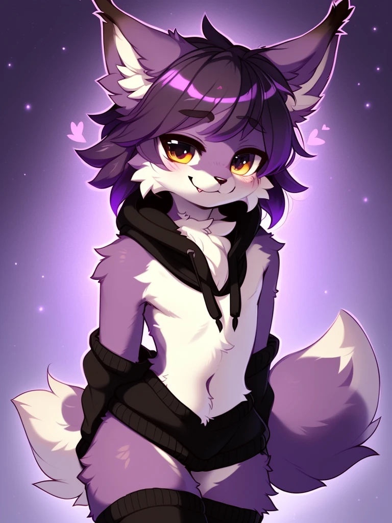 Furry male, eyeliner, eyelashes, (((black eyeshadow))), ((male focus)), lynx, (((purple fur))), (purple hair), furry, cute fangs, cute, medium hair, furry, anime style, fluff, fluffy, thuft, disheveled, realistic fur, detailed, detailed shadows, cheeks fluff, ((fullrender)), (((neck fluff))), <3 eyes, icon portrait, avatar icon, only face, smug face, ((super fluffy)), (upper body), one fang, ((shoulder fluff)), ((shoulder tuft)), ((hairy body)), (((fluffy body))), (((furry body))), thicc thighs, detailed hands, (by coffeesoda:1.1), by hioshiru, yiffy, by claweddrip, teasing face, ((bedroom background)), (((kemono))), black clothes, ((leg warmers)), ((arm warmers)), (((by kilver))), upper body, seductive pose, hoodie, double v pose, solo focus,