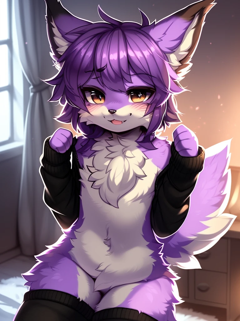 Furry male, eyeliner, eyelashes, (((black eyeshadow))), ((male focus)), lynx, (((purple fur))), (purple hair), furry, cute fangs, cute, medium hair, furry, anime style, fluff, fluffy, thuft, disheveled, realistic fur, detailed, detailed shadows, cheeks fluff, ((fullrender)), (((neck fluff))), <3 eyes, icon portrait, avatar icon, only face, smug face, ((super fluffy)), (upper body), one fang, ((shoulder fluff)), ((shoulder tuft)), ((hairy body)), (((fluffy body))), (((furry body))), thicc thighs, detailed hands, (by coffeesoda:1.1), by hioshiru, yiffy, by claweddrip, teasing face, ((bedroom background)), (((kemono))), black clothes, ((leg warmers)), ((arm warmers)), (((by kilver))), upper body, seductive pose, hoodie, double v pose, solo focus,