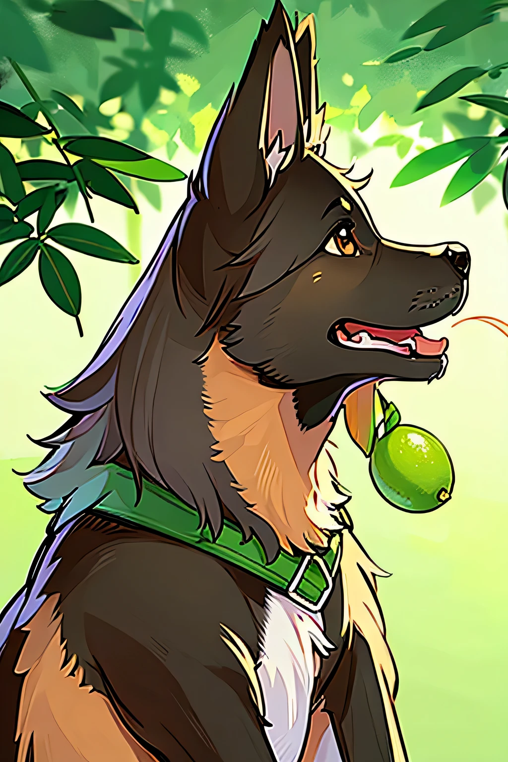 breed a german shepherd dog with brown fur, biting into a super cheerful green lemon in a marijuana plantation