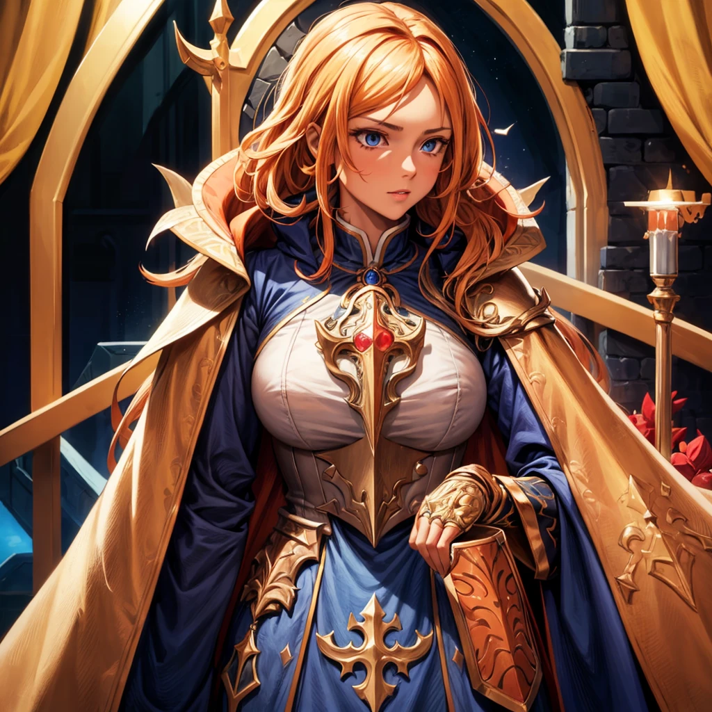 female, tanned skinned,priest,orange vestments,blonde hair,blue eyes,half plate armour,illustration,ultra-detailed,realistic,studio lighting,vivid colors,sharp focus,portraits,blue color palette,sunlight, ruby and sapphires