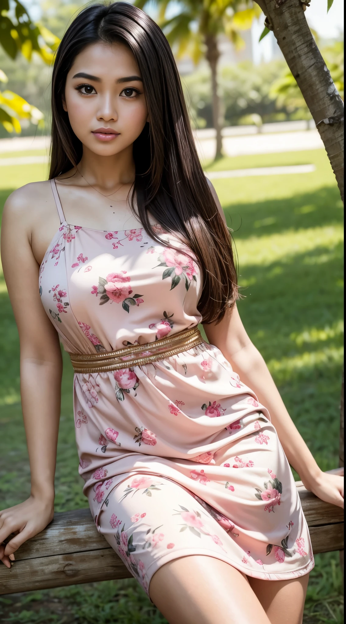 RAW, Best quality, high resolution, masterpiece: 1.3), beautiful Malay woman, Masterpiece, perfect fit body, big breasts, beautiful big eyes, long hair, brown hair, open stand, Soft smile, thick thighs, woman standing in the park in a light yellow floral patterned dress, she is about 2 0 years old, she is about 20 years old, pale skin Malay girl, smooth pink skin, beautiful woman, wearing a light yelloe dress, beautiful Malay woman, she is about 2 , she about 30 years old, he is about 3 0 years old
