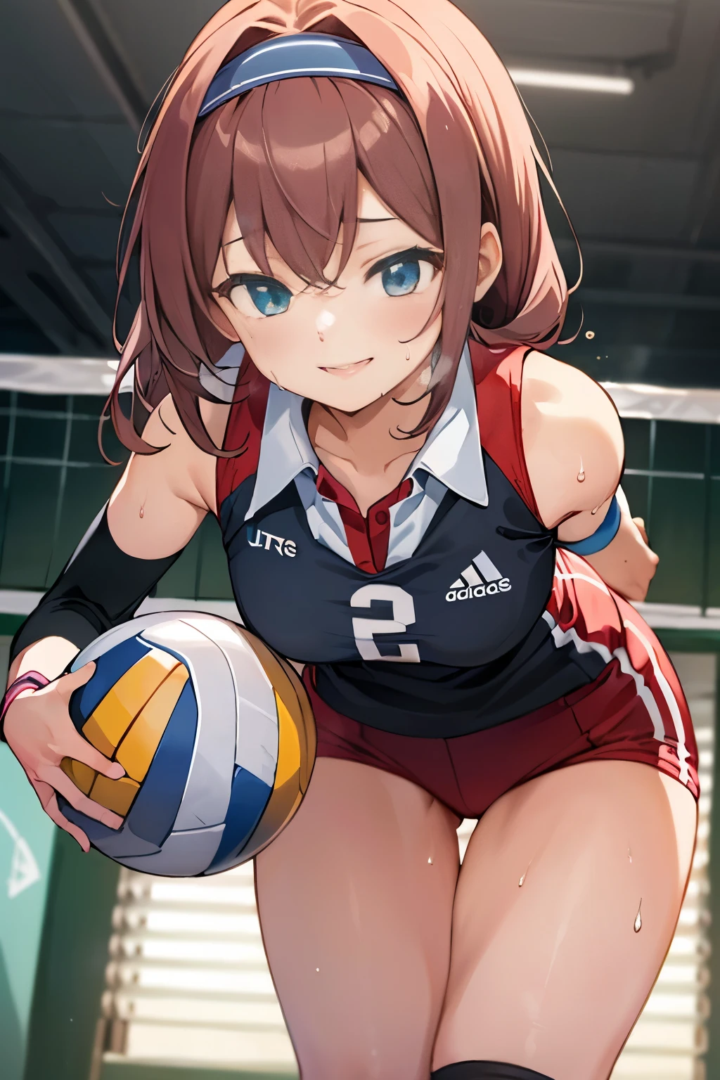 unity 8k wallpaper, anatomically correct, (((masterpiece))), (((best quality))), (((ultra detailed))), (((high-resolution))), ((super fine illustration)), ((Ultimate cutie)), ((detailed beautiful face)), ((perfect hands)), ((perfect finger)), (((good anatomy))), Solo, One girl, 17 years old, (potbelly), (Curve), medium breasts, ((thick thighs)), Shiny hair, ((evil smile)), (smirk), (blush)), BREAK, Adidas, (((Buruma))), (Sleeveless collared Volleyball Uniforms), head band, ((wristbands)), ((Kneepads)), BREAK, ((Hold a beautiful spherical 6-inch white volleyball with both hands)), (leaning forward), ((Sweat)), (perspired), (Heavy breathing), in gymnasium, in volleyball court, depth of field, strong light, ((Looking down)), cowboy shot